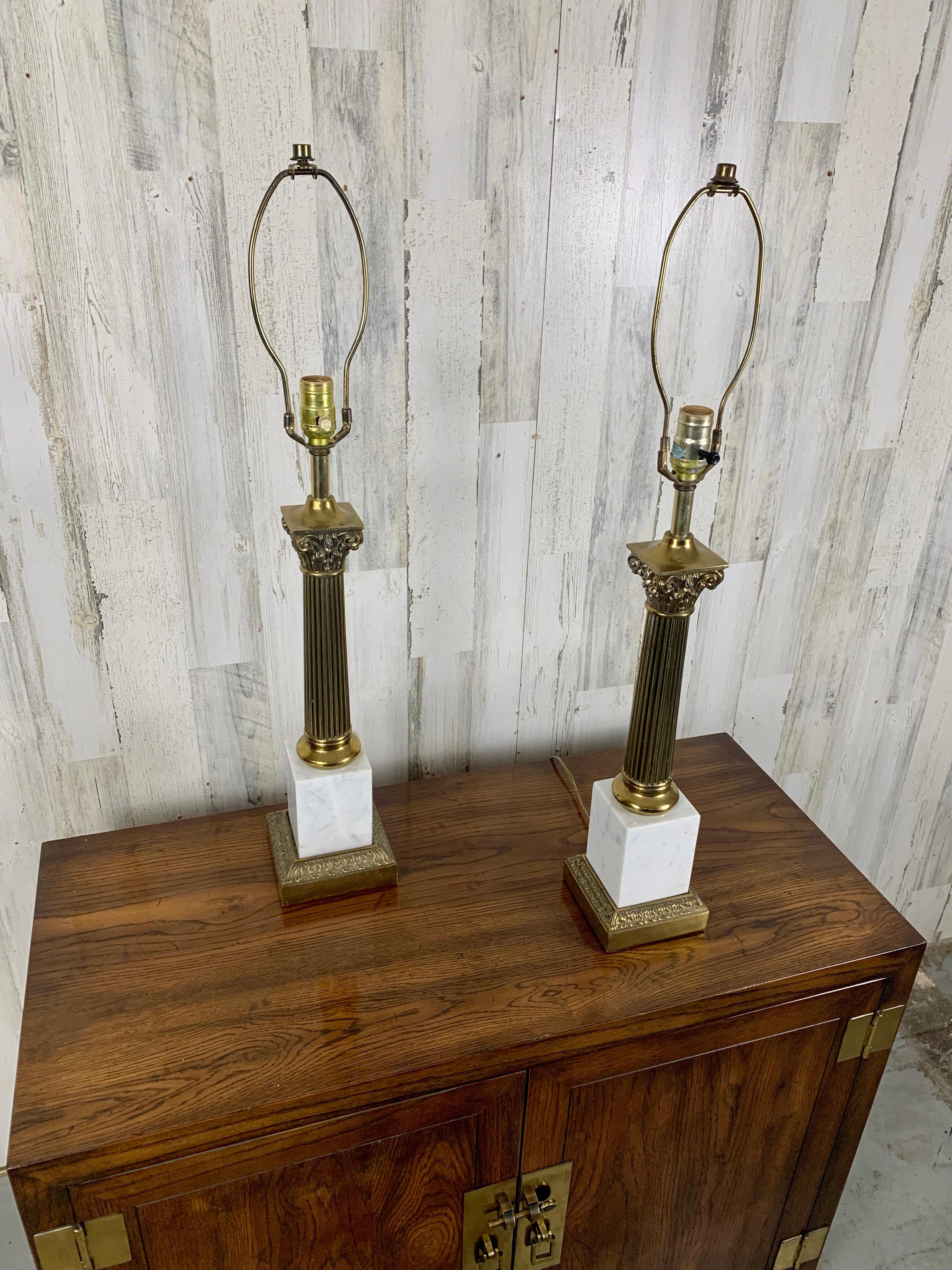 Brass and Marble Corinthian Column Lamps For Sale 2