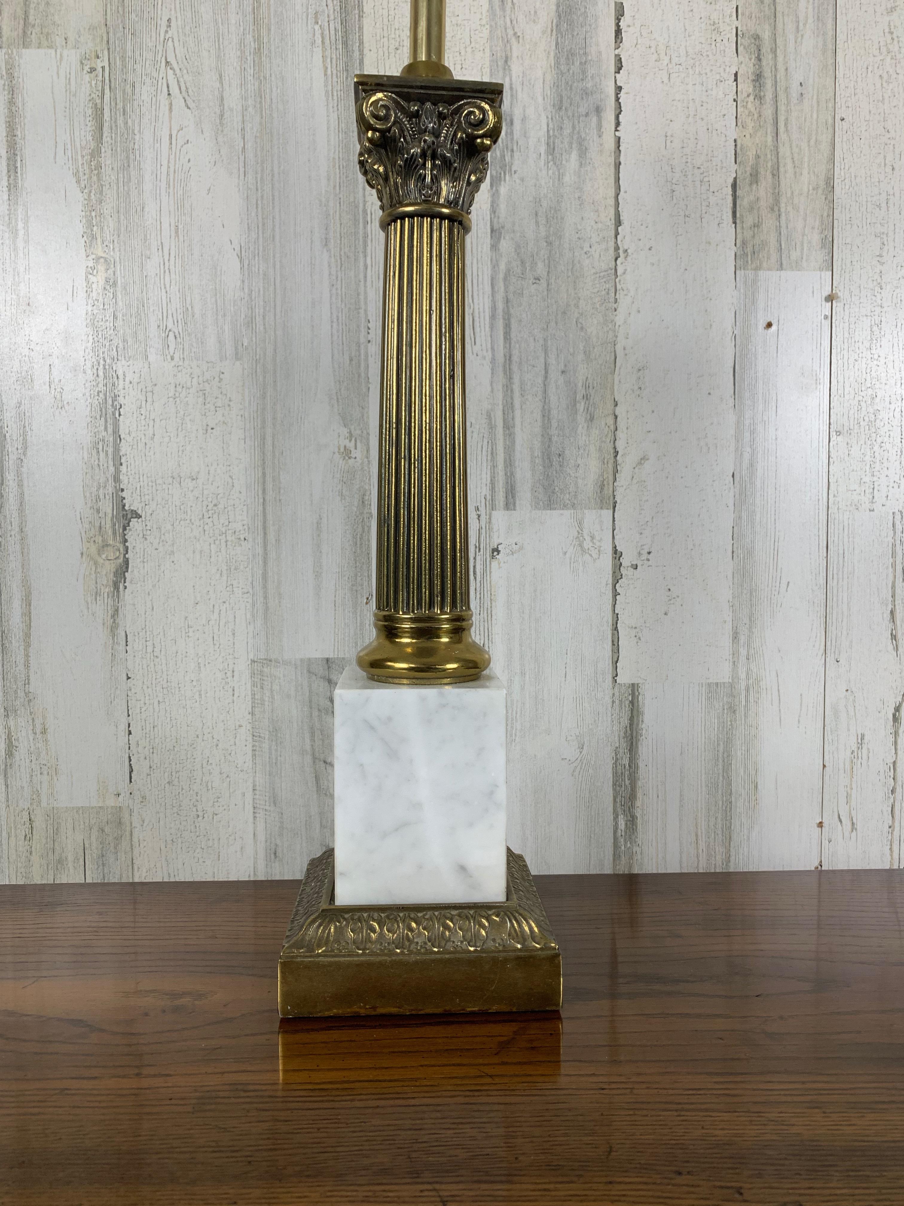 Brass and Marble Corinthian Column Lamps For Sale 3