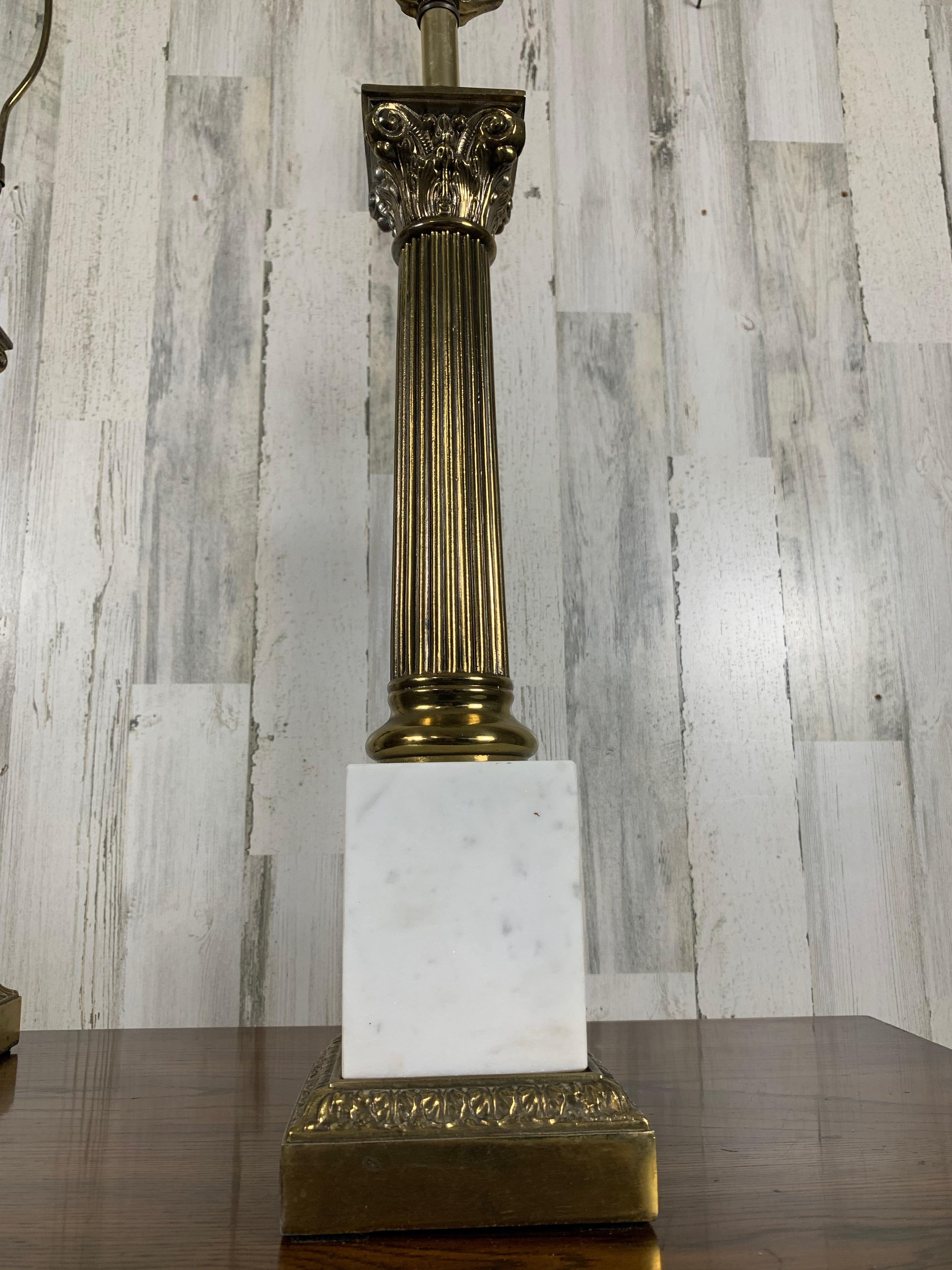 Brass and Marble Corinthian Column Lamps For Sale 4