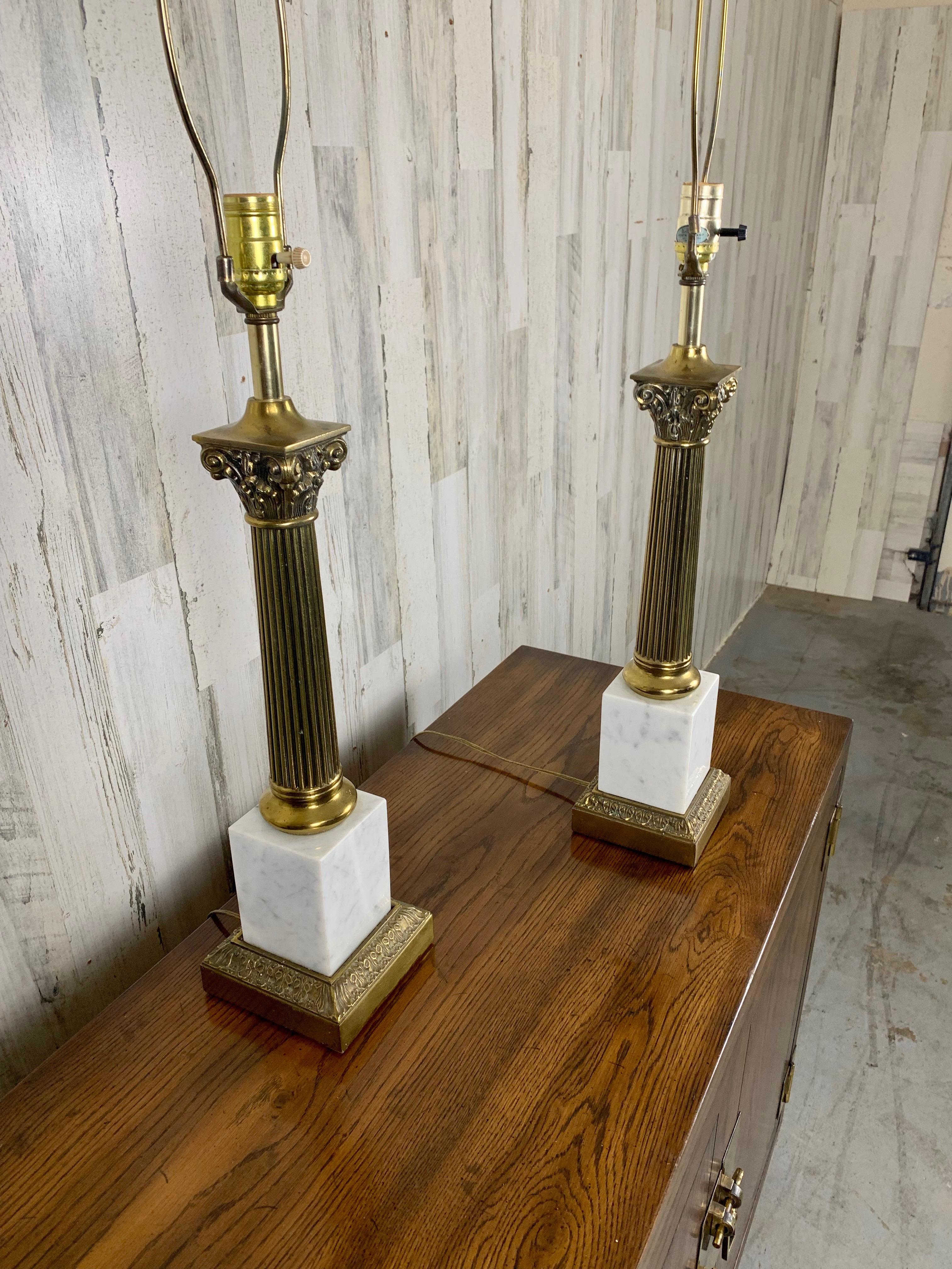 North American Brass and Marble Corinthian Column Lamps For Sale