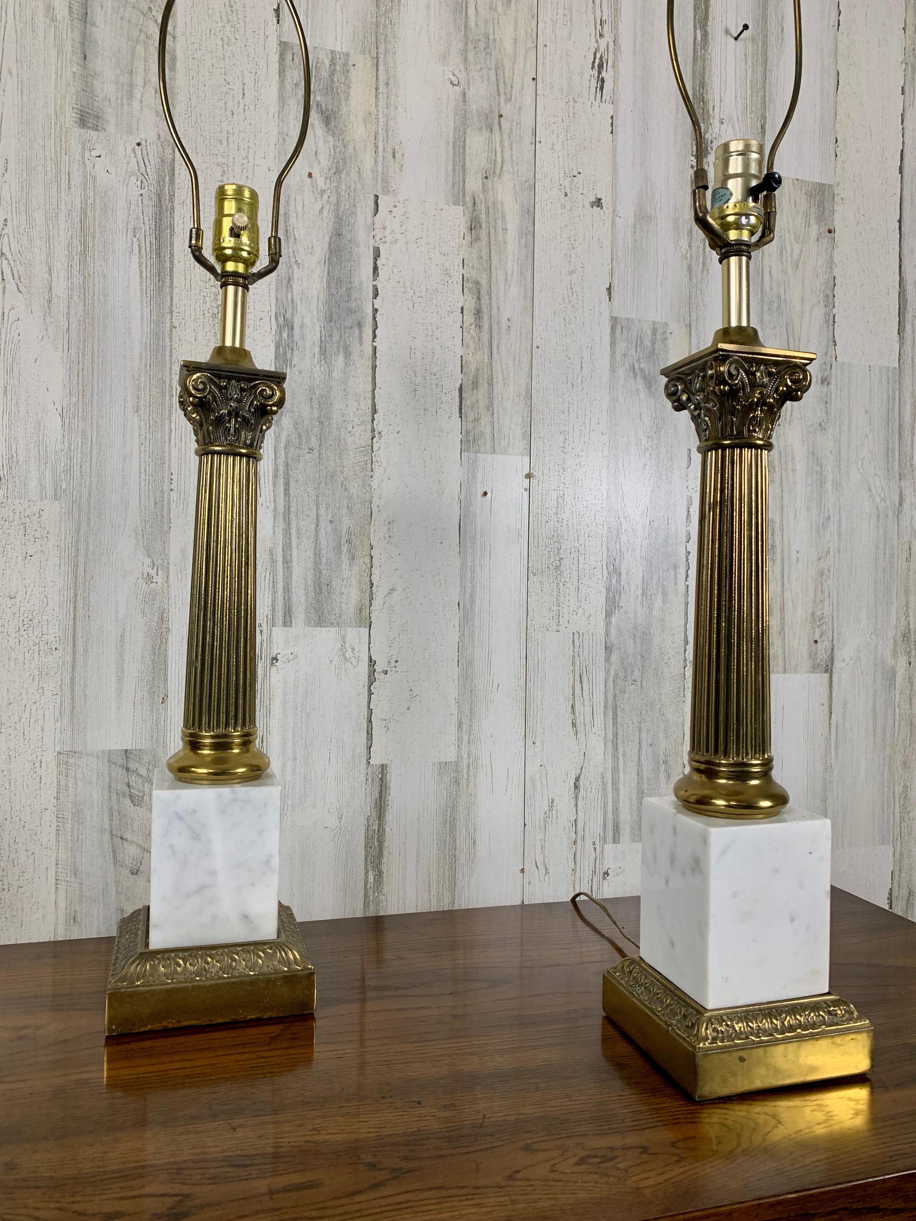 Plated Brass and Marble Corinthian Column Lamps For Sale