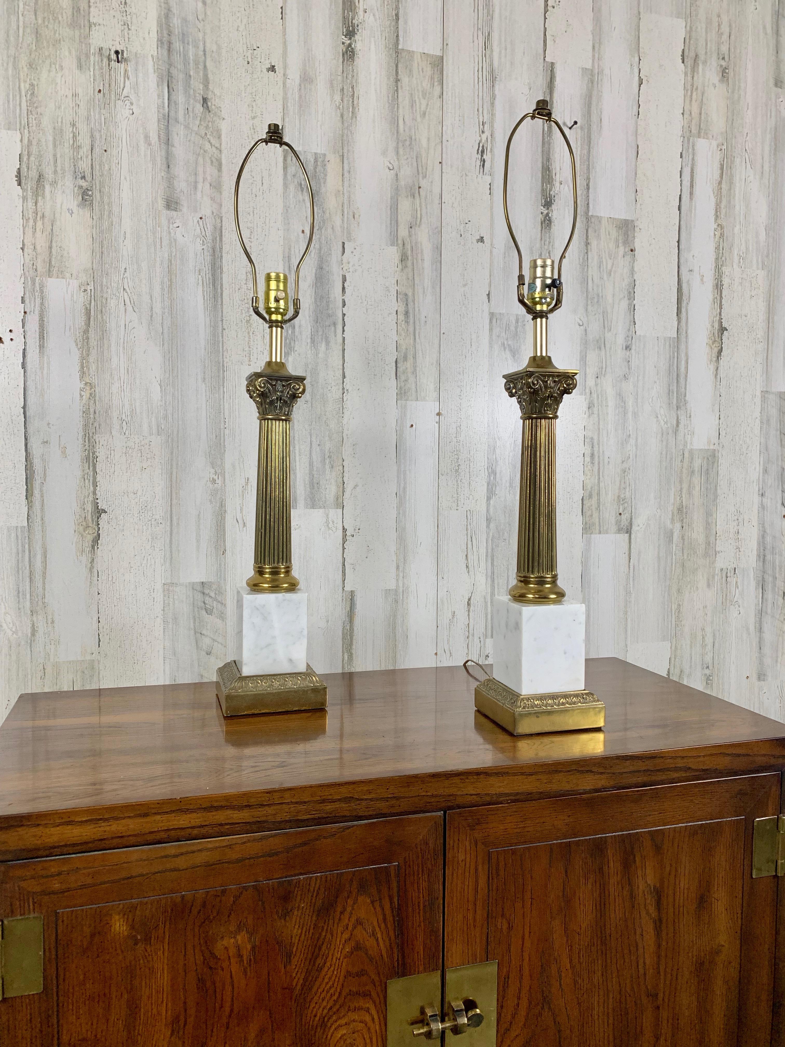 Brass and Marble Corinthian Column Lamps In Good Condition For Sale In Denton, TX