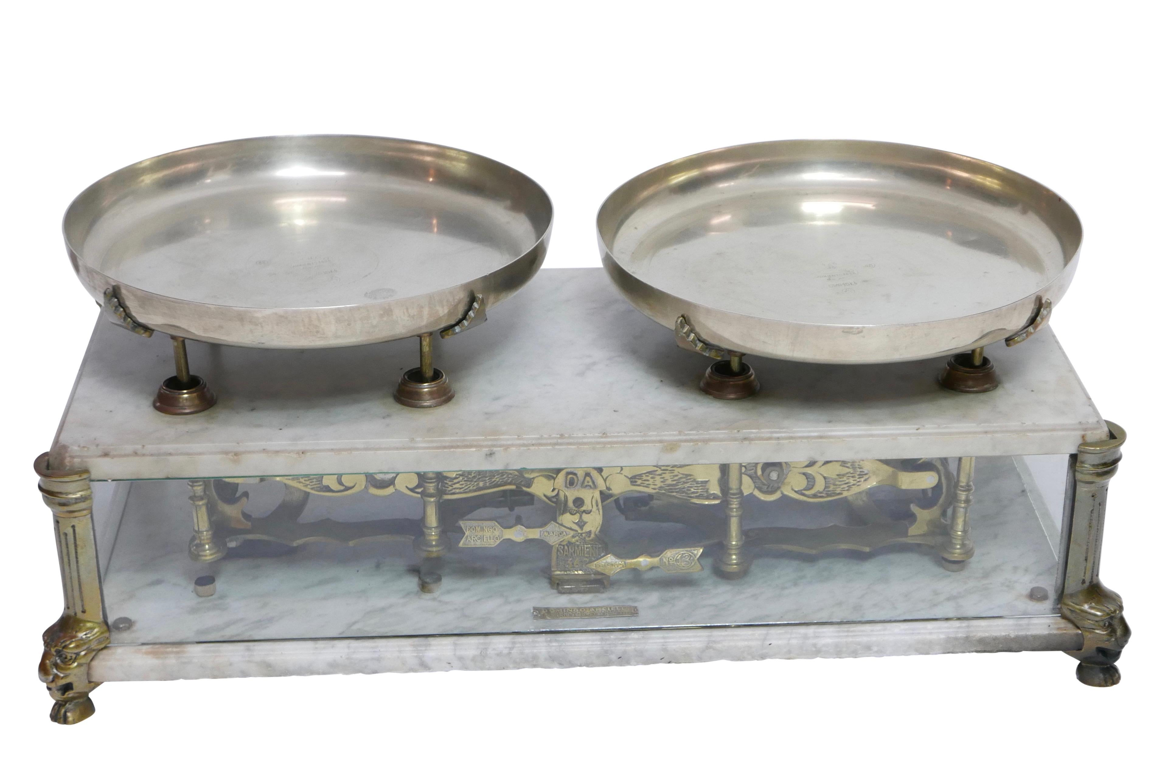 Argentine Brass and Marble Culinary Balance Scale with Nickel Silver Weigh Pans