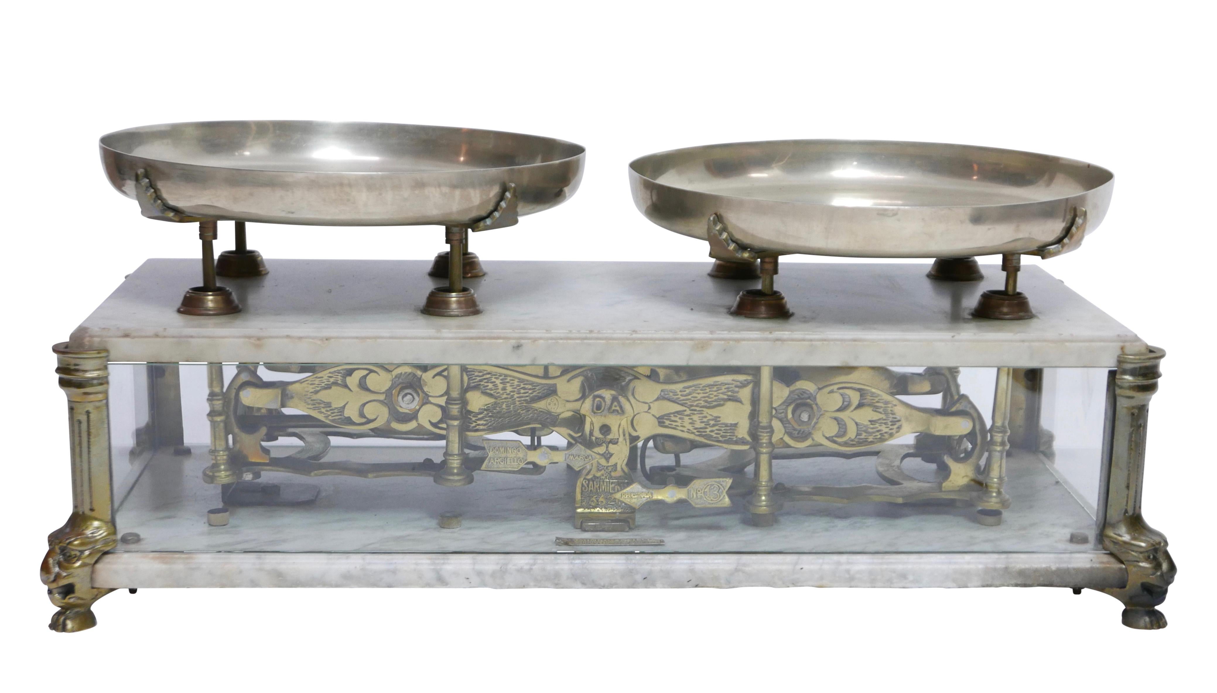 Brass and Marble Culinary Balance Scale with Nickel Silver Weigh Pans In Good Condition In San Francisco, CA