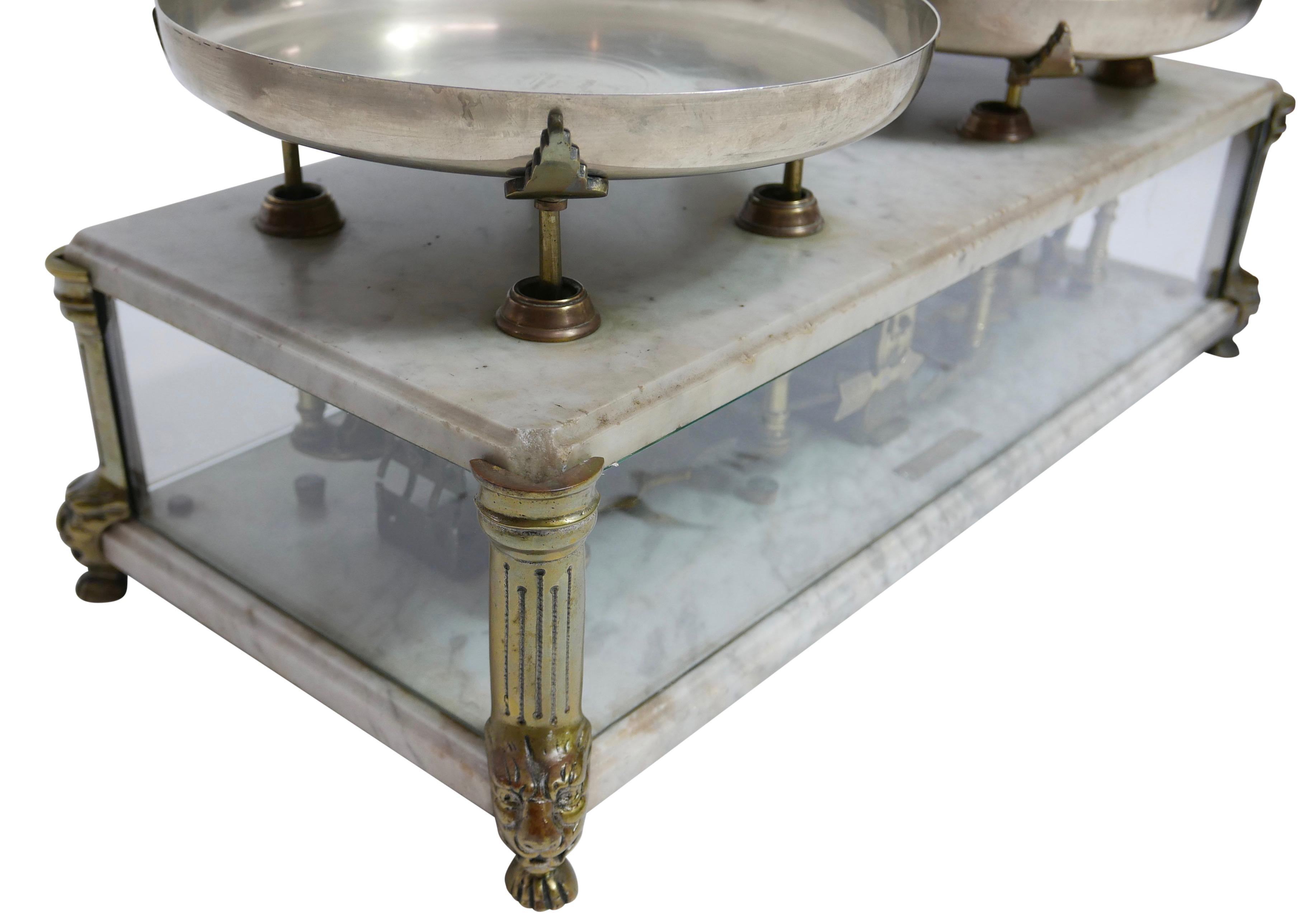 19th Century Brass and Marble Culinary Balance Scale with Nickel Silver Weigh Pans