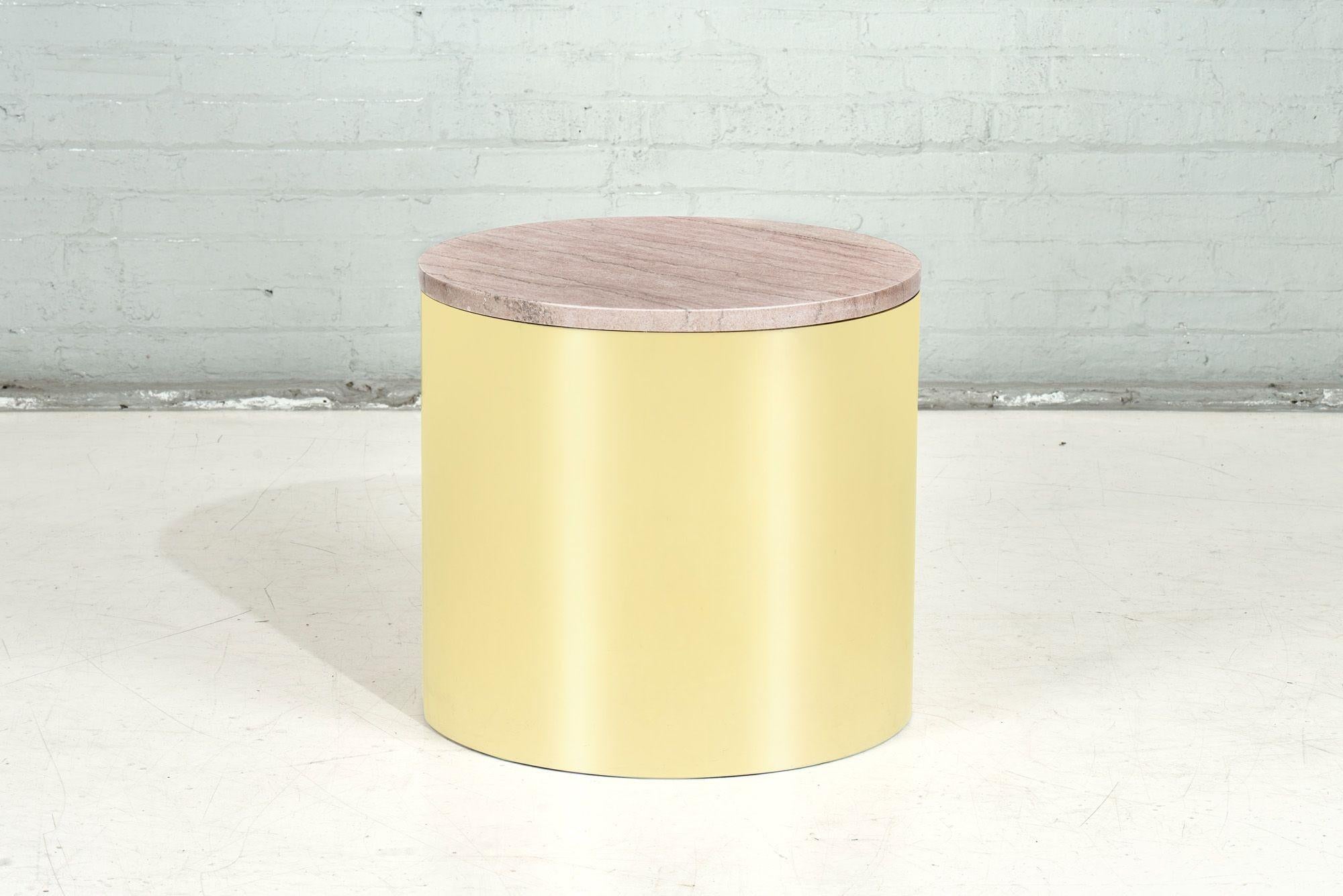 Brass and pink marble side / end drum table, 1970.