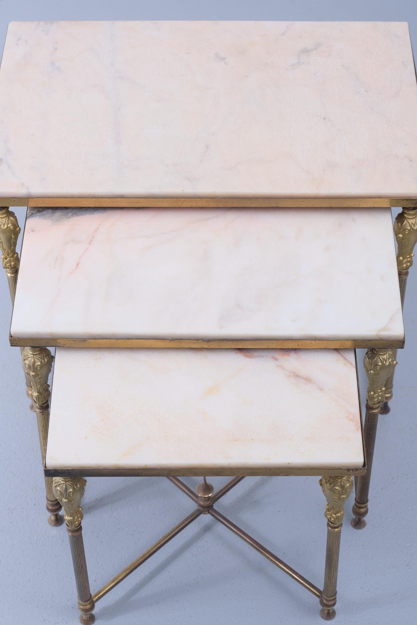 Hollywood Regency Brass and Marble Nesting Tables 1950s France