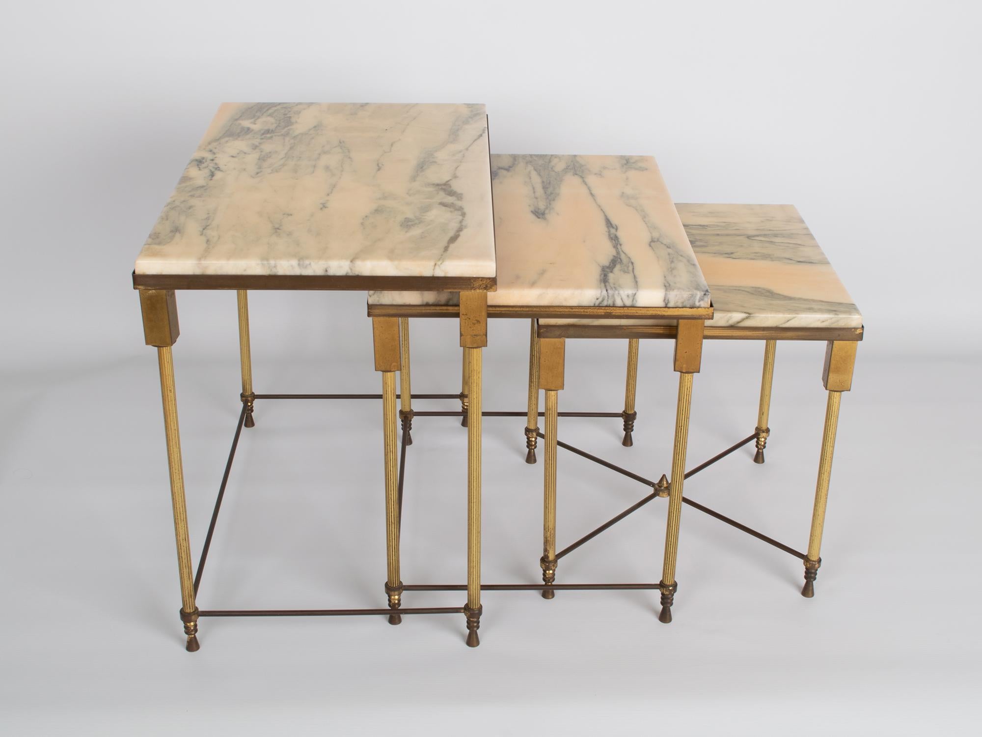 Hollywood Regency Brass and Marble Nesting Tables by Maison Jansen, France, circa 1940 For Sale