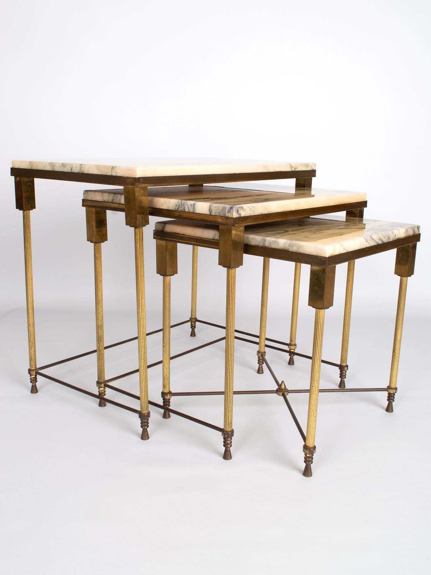 French Brass and Marble Nesting Tables by Maison Jansen, France, circa 1940 For Sale
