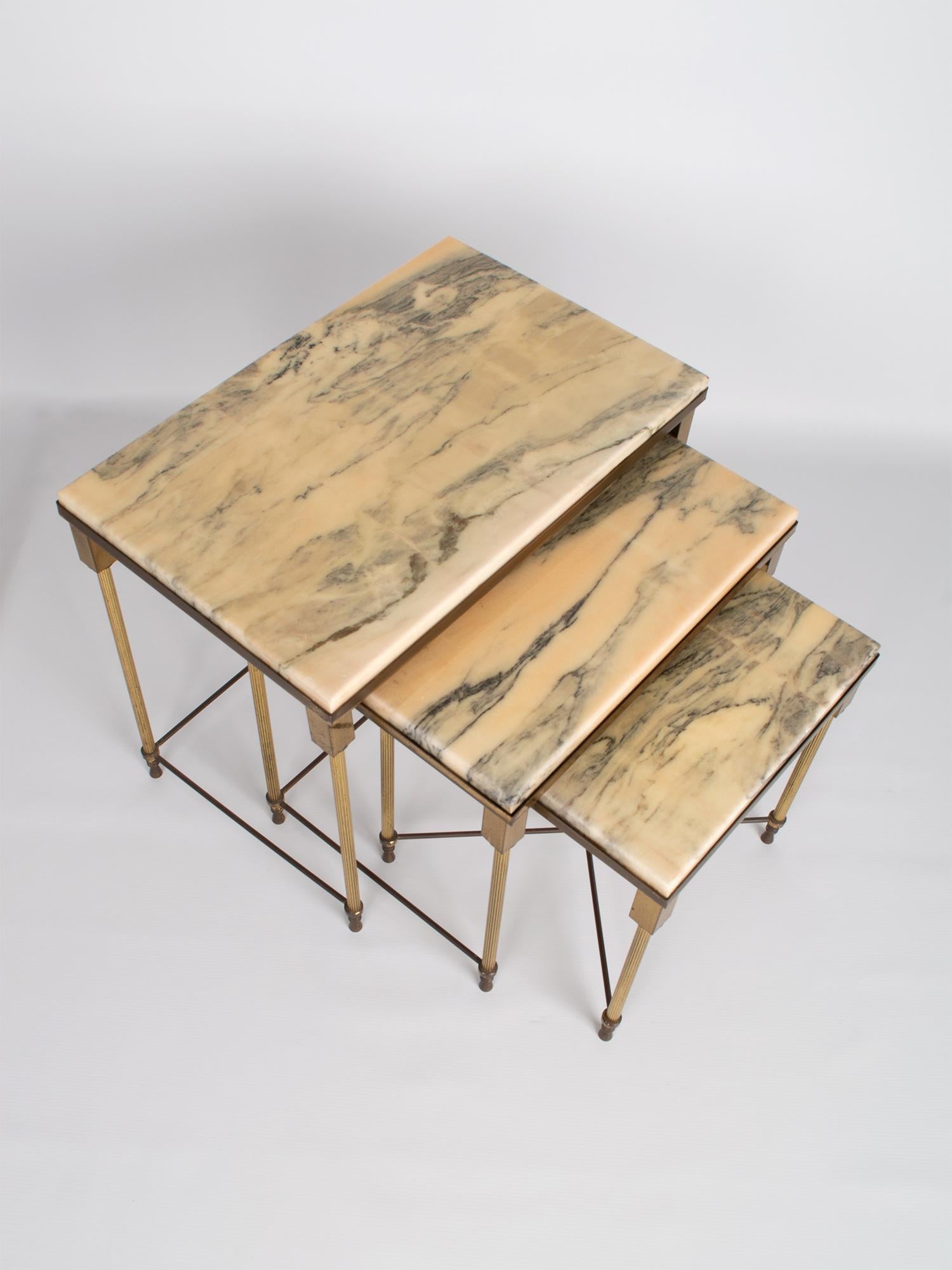 Mid-20th Century French Mid- Century Brass and Marble Nesting Tables For Sale