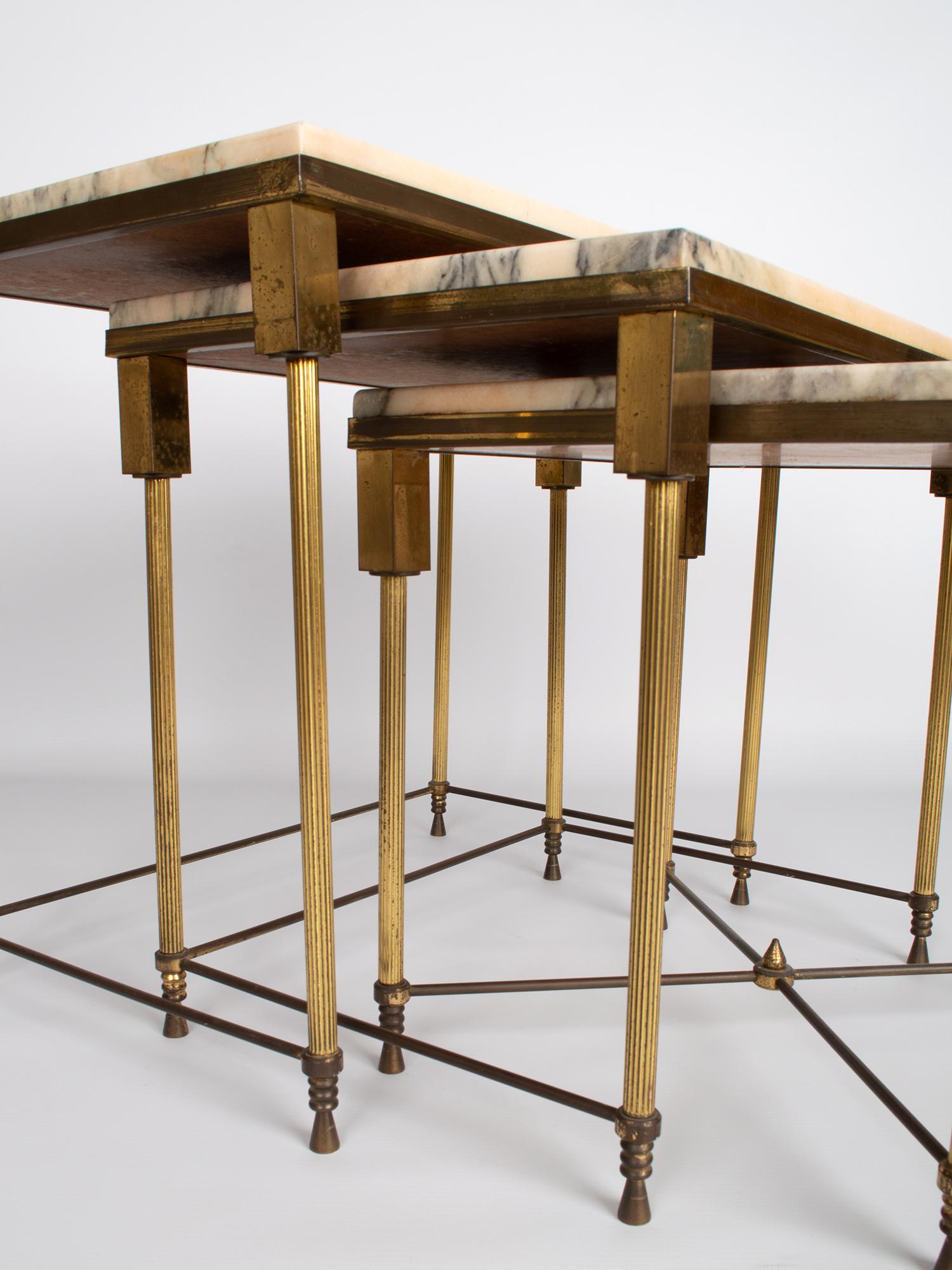 Mid-20th Century Brass and Marble Nesting Tables by Maison Jansen, France, circa 1940 For Sale