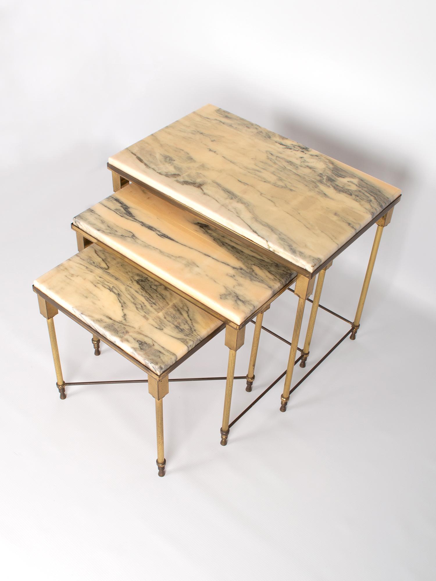 Metal Brass and Marble Nesting Tables by Maison Jansen, France, circa 1940 For Sale