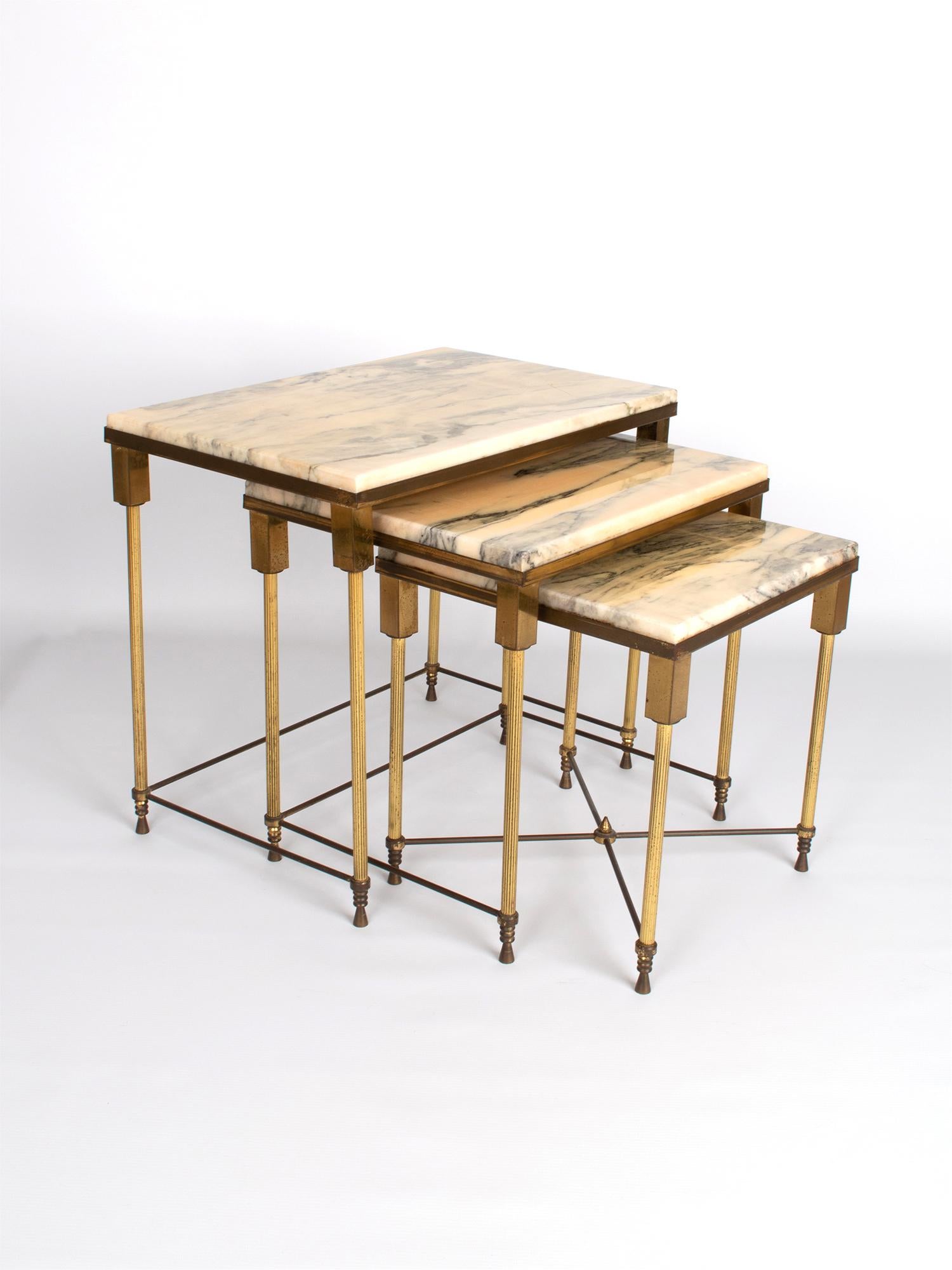 Brass and Marble Nesting Tables by Maison Jansen, France, circa 1940 For Sale 1