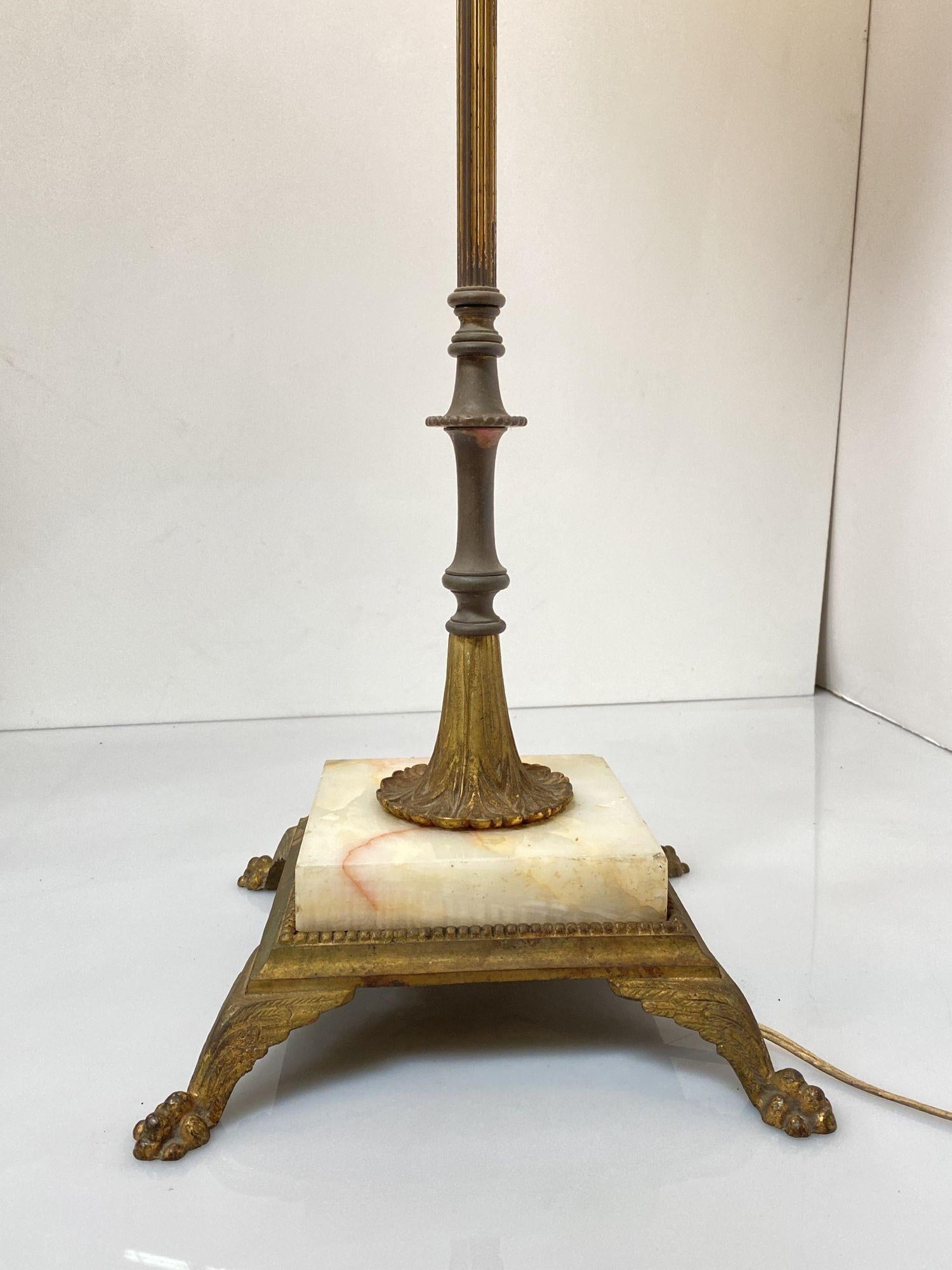 American Brass and Marble Regency Floor Lamp with Shade , Circa 1930 For Sale