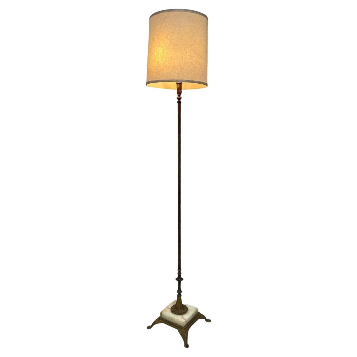 Brass and Marble Regency Floor Lamp with Shade , Circa 1930 For Sale
