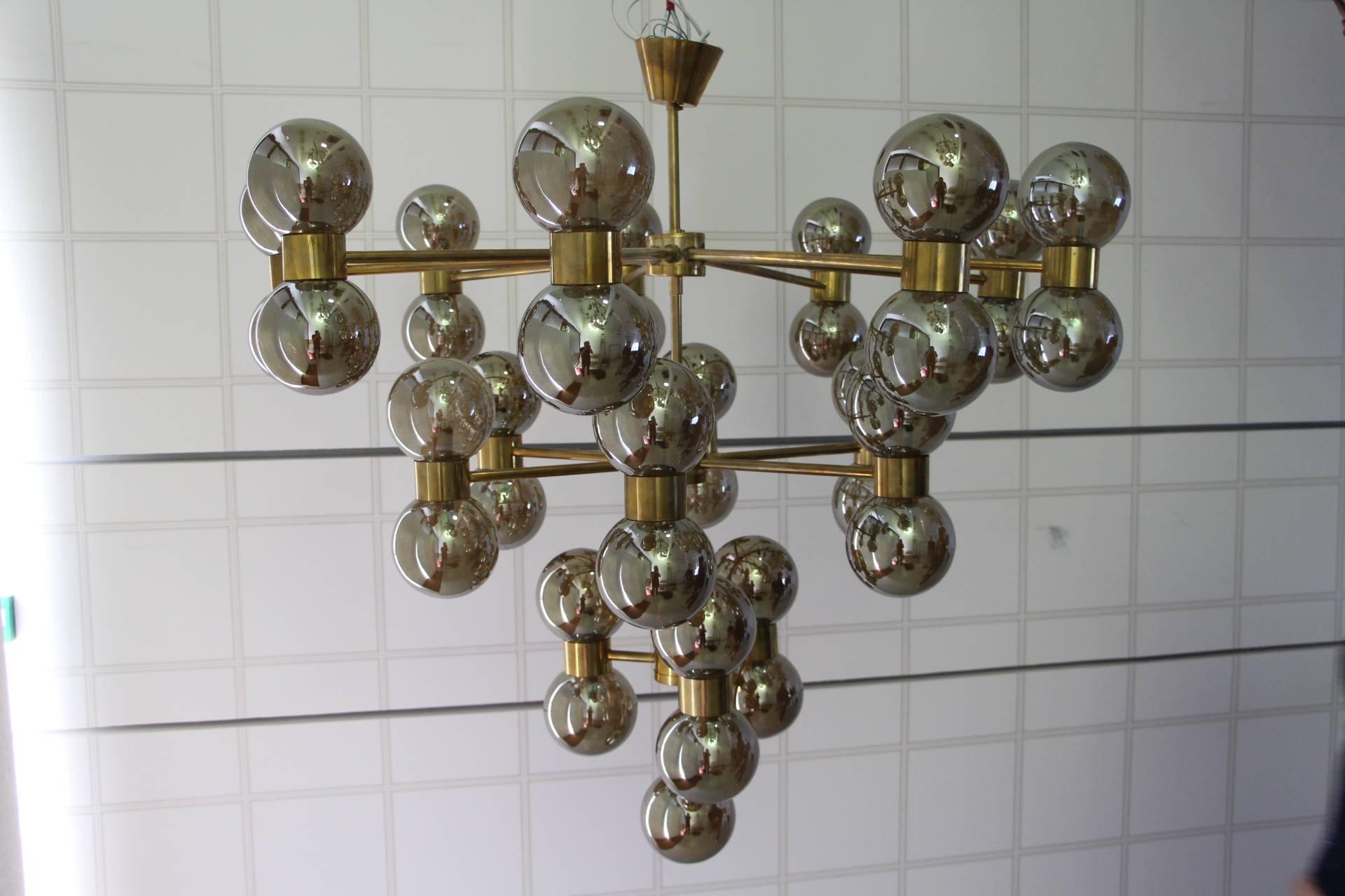 Italian Brass and Mercurised Silver Globes Chandelier in Stilnovo Style