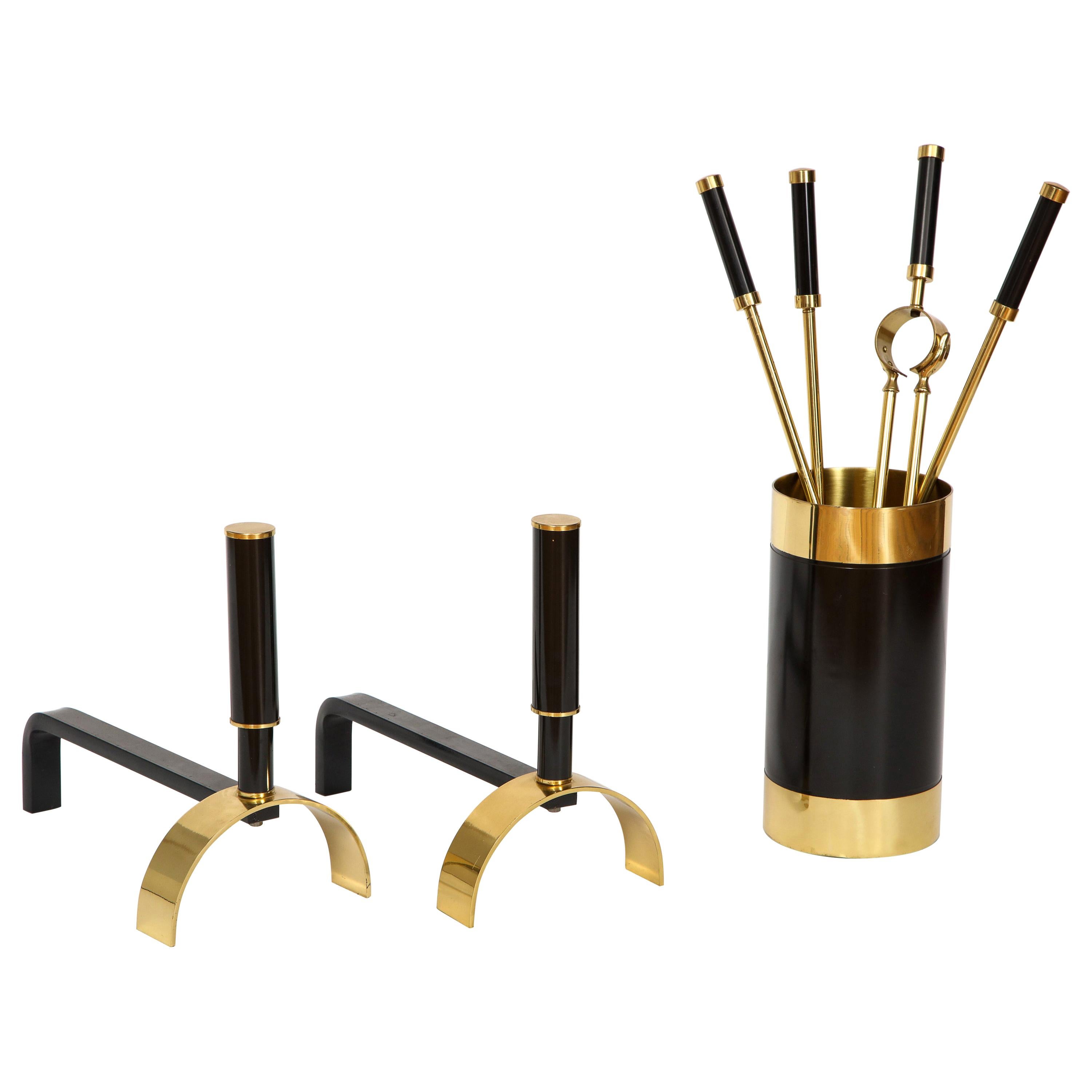 Brass and Metal Fireplace Set, Tools and Andirons by Giovanni Banci, Italy, 1970