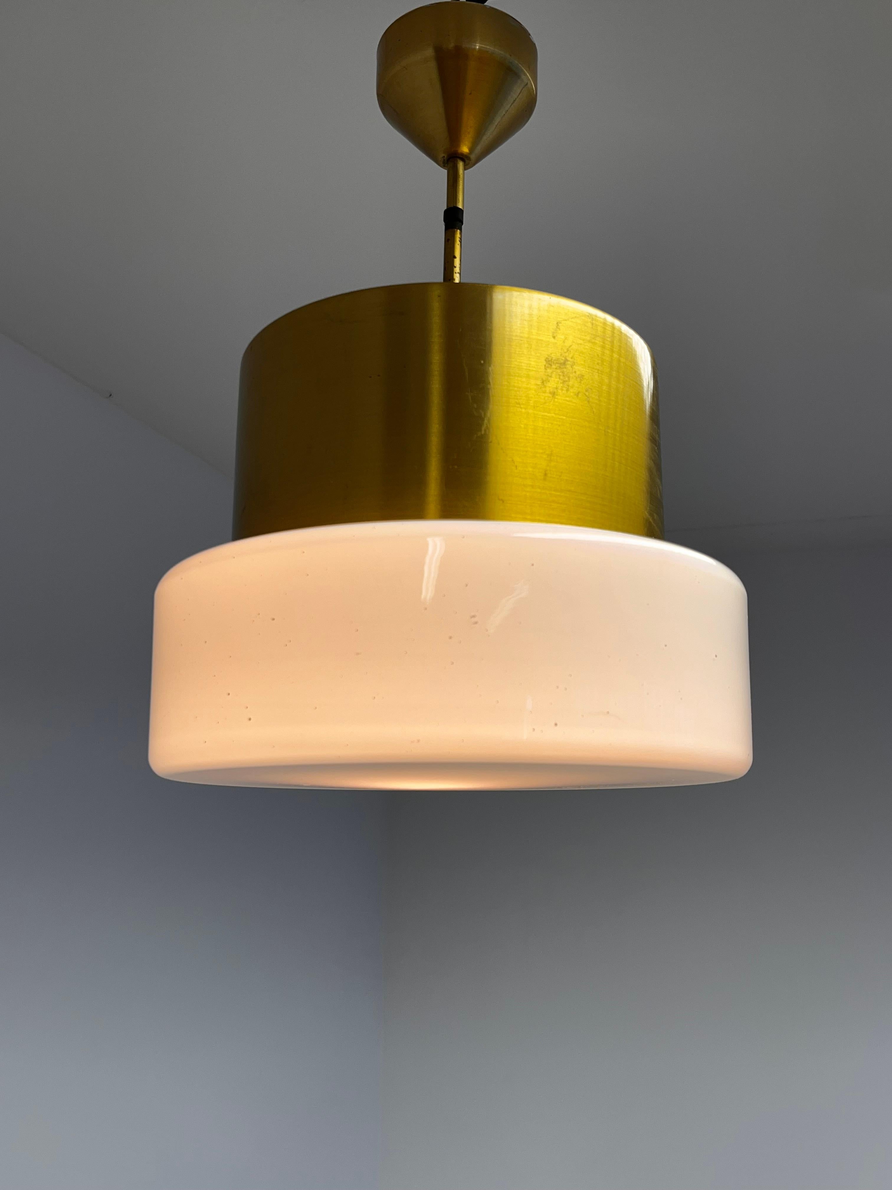 Brass and Milk Glass Midcentury Pendant by Kamenicky Senov, 1970s In Good Condition For Sale In Praha, CZ