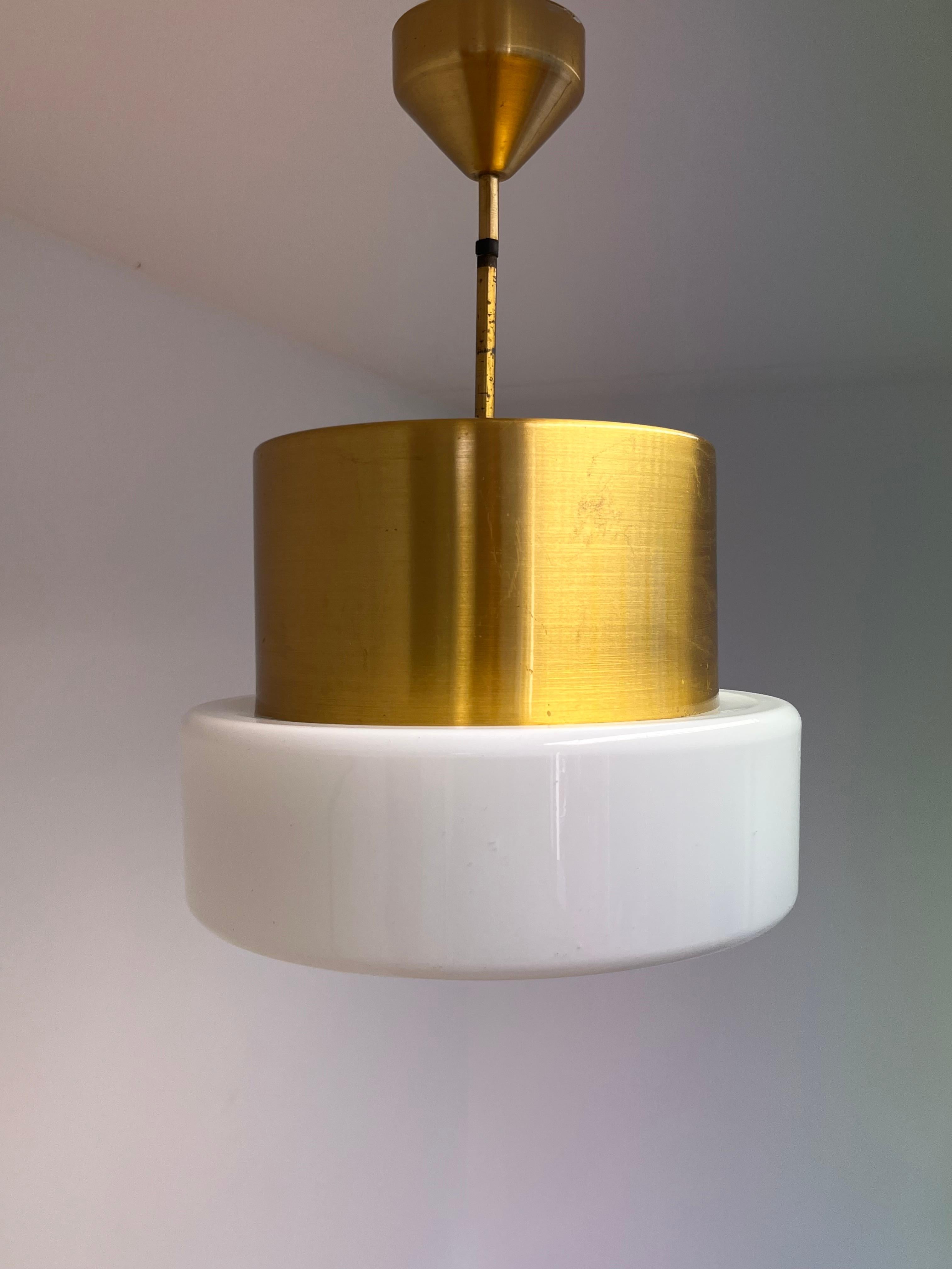 Late 20th Century Brass and Milk Glass Midcentury Pendant by Kamenicky Senov, 1970s For Sale