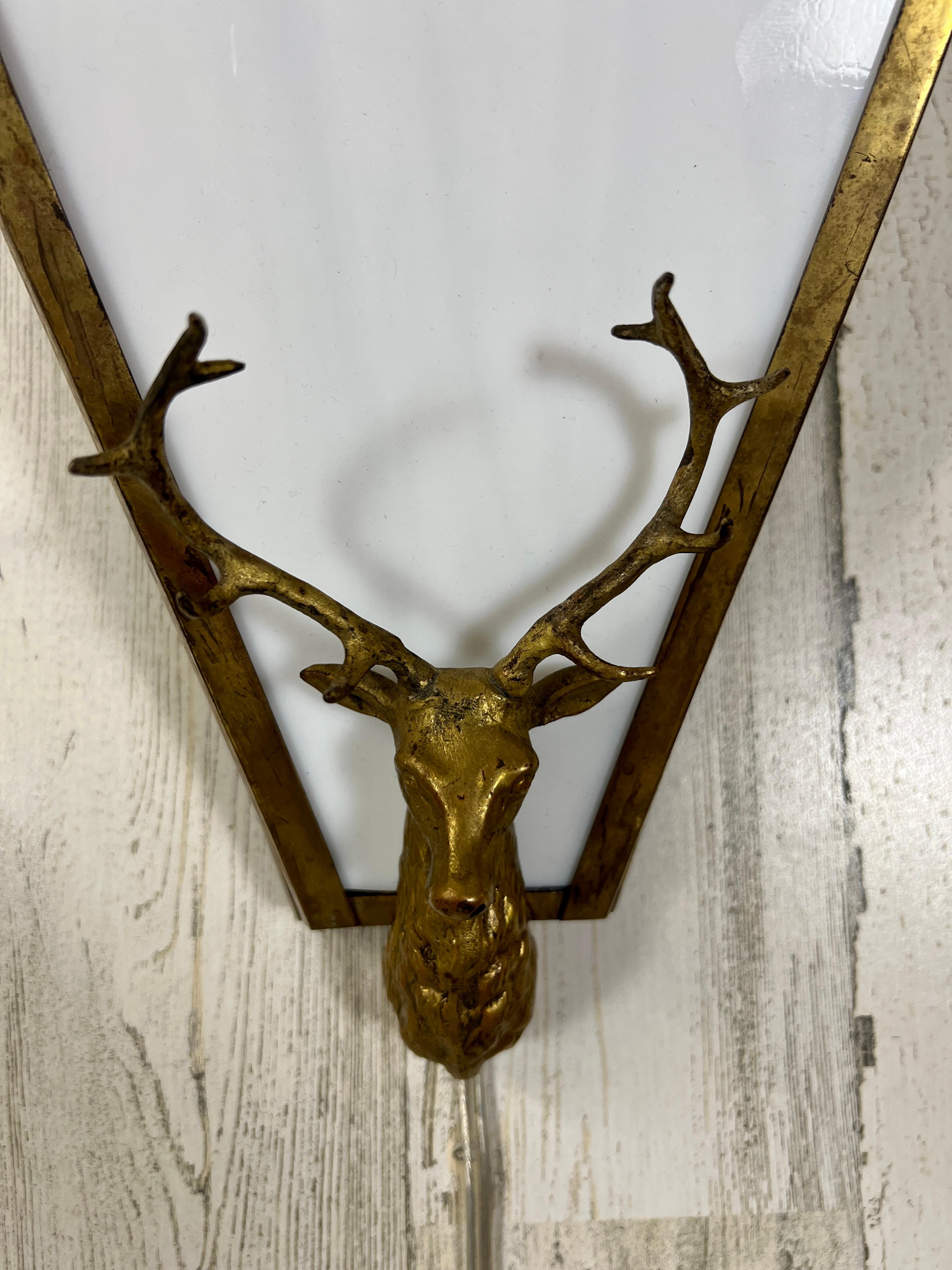 Brass and Milk Glass Stag Sconces For Sale 6