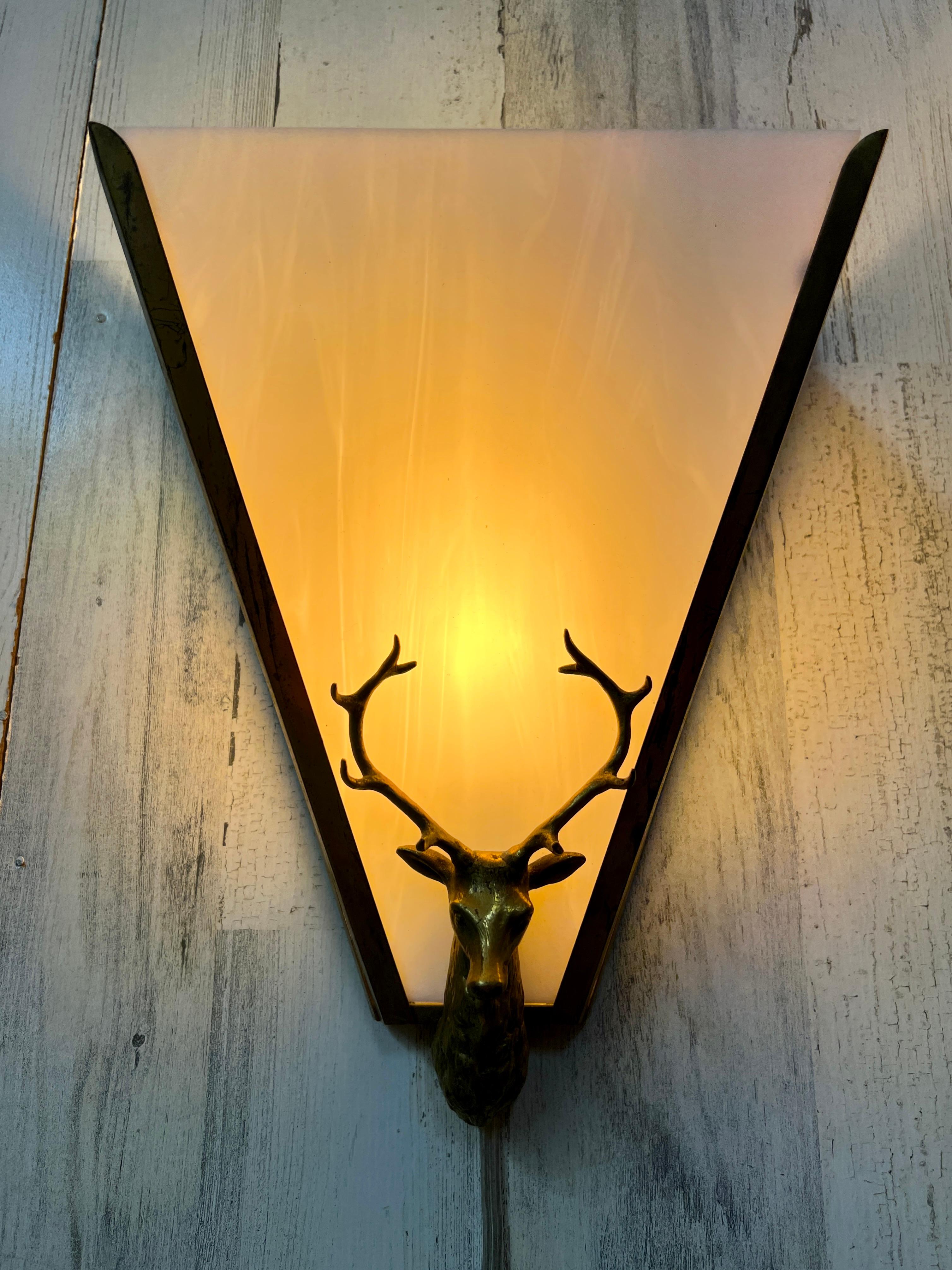 Brass and Milk Glass Stag Sconces For Sale 8