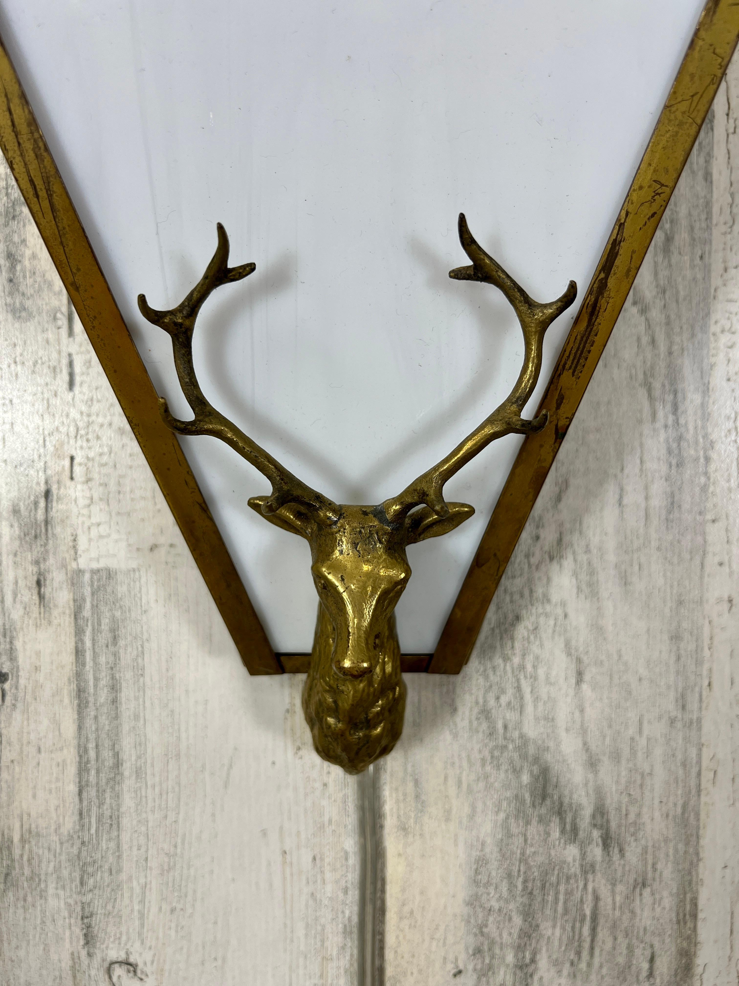 North American Brass and Milk Glass Stag Sconces For Sale