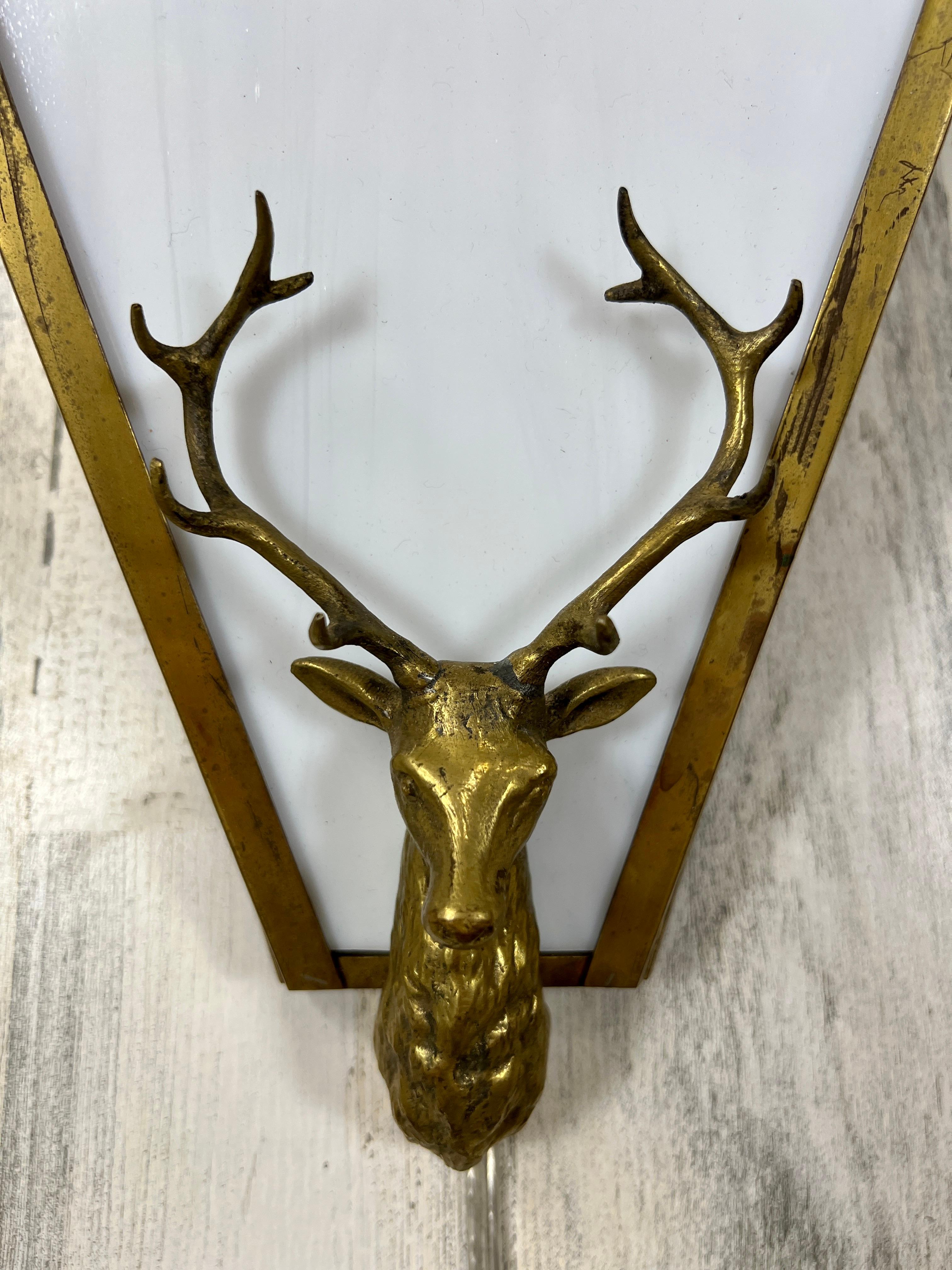Brass and Milk Glass Stag Sconces In Good Condition For Sale In Denton, TX