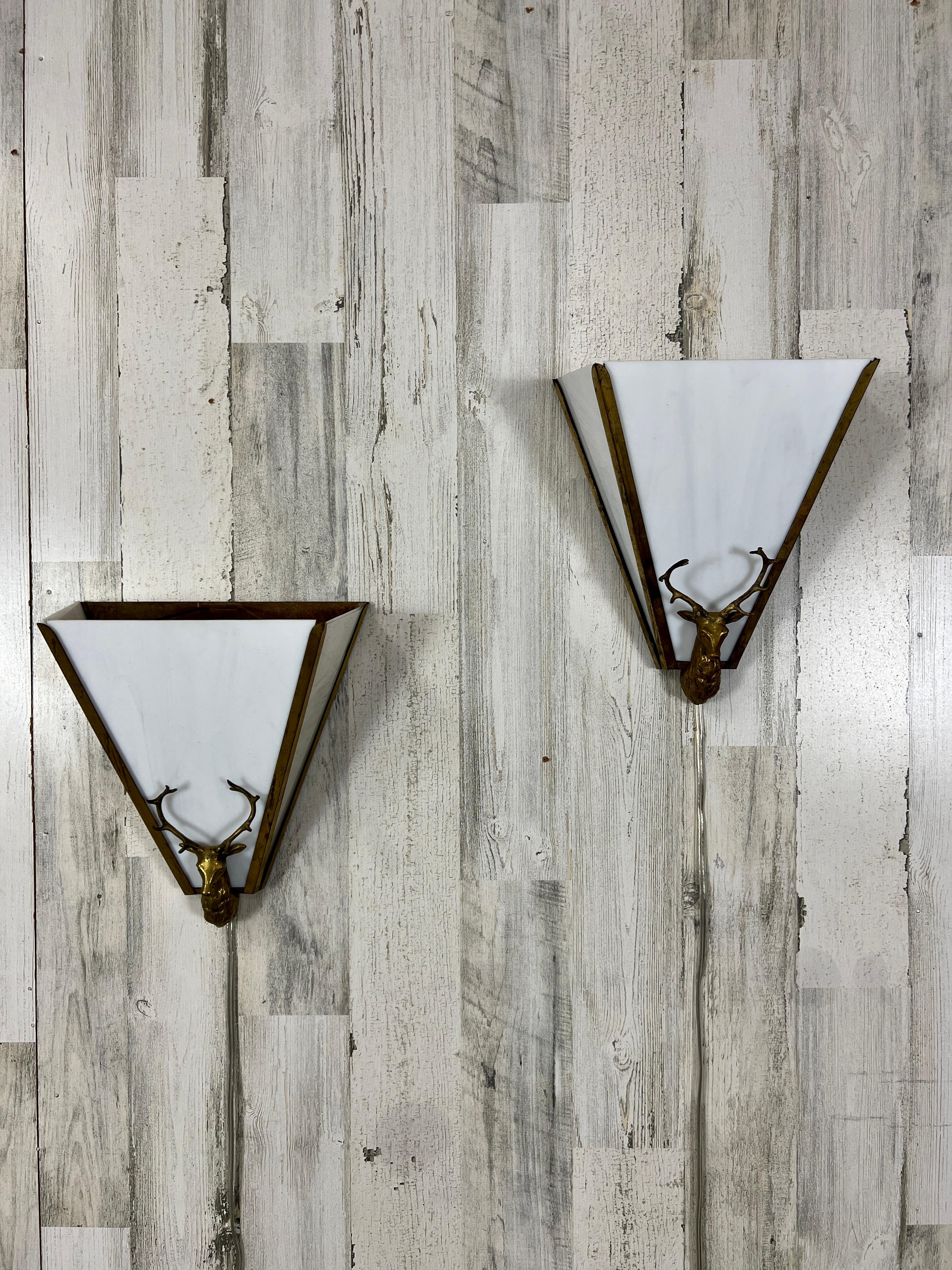Brass and Milk Glass Stag Sconces For Sale 1