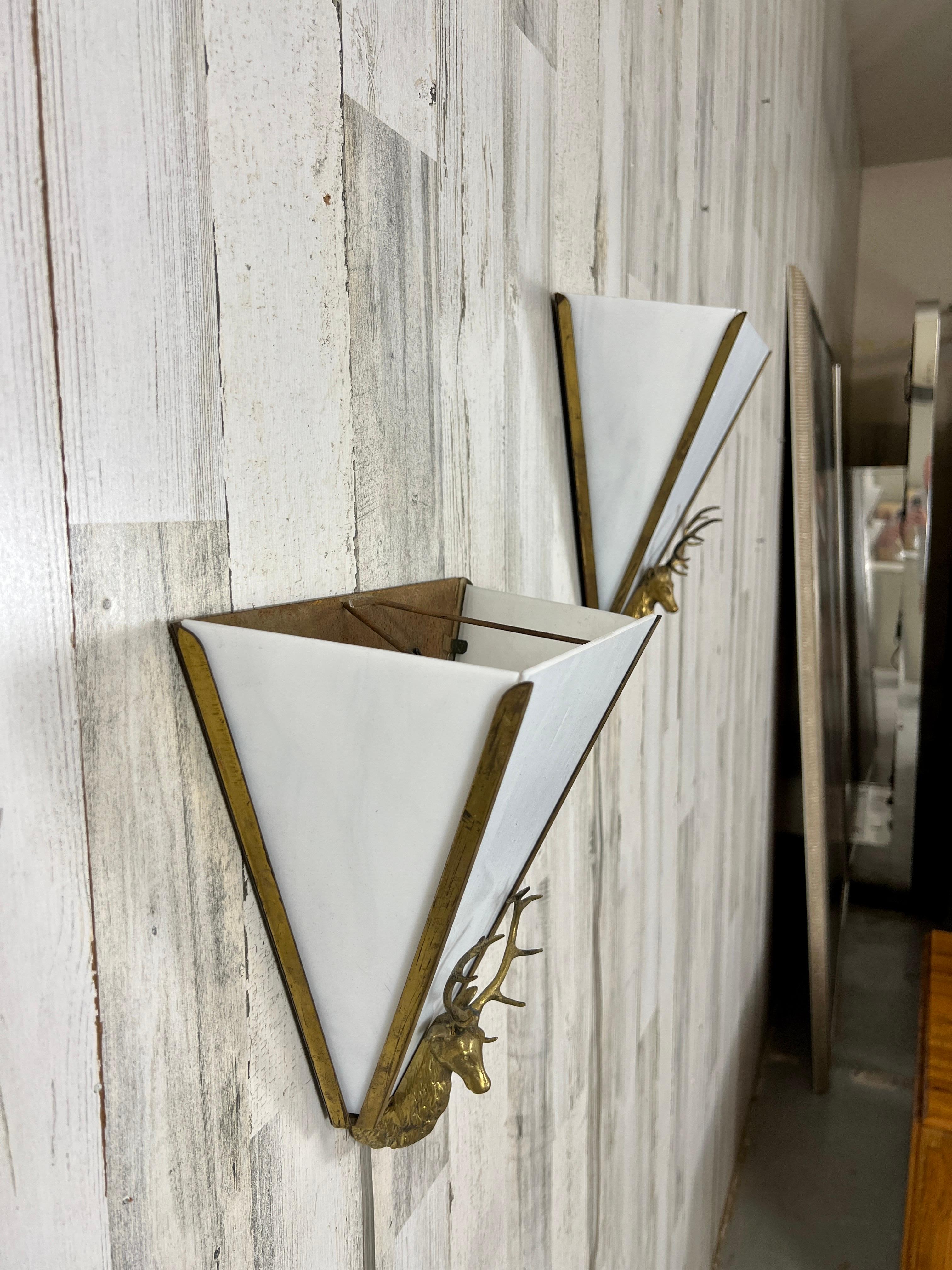 Brass and Milk Glass Stag Sconces For Sale 2