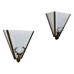 Brass and Milk Glass Stag Sconces