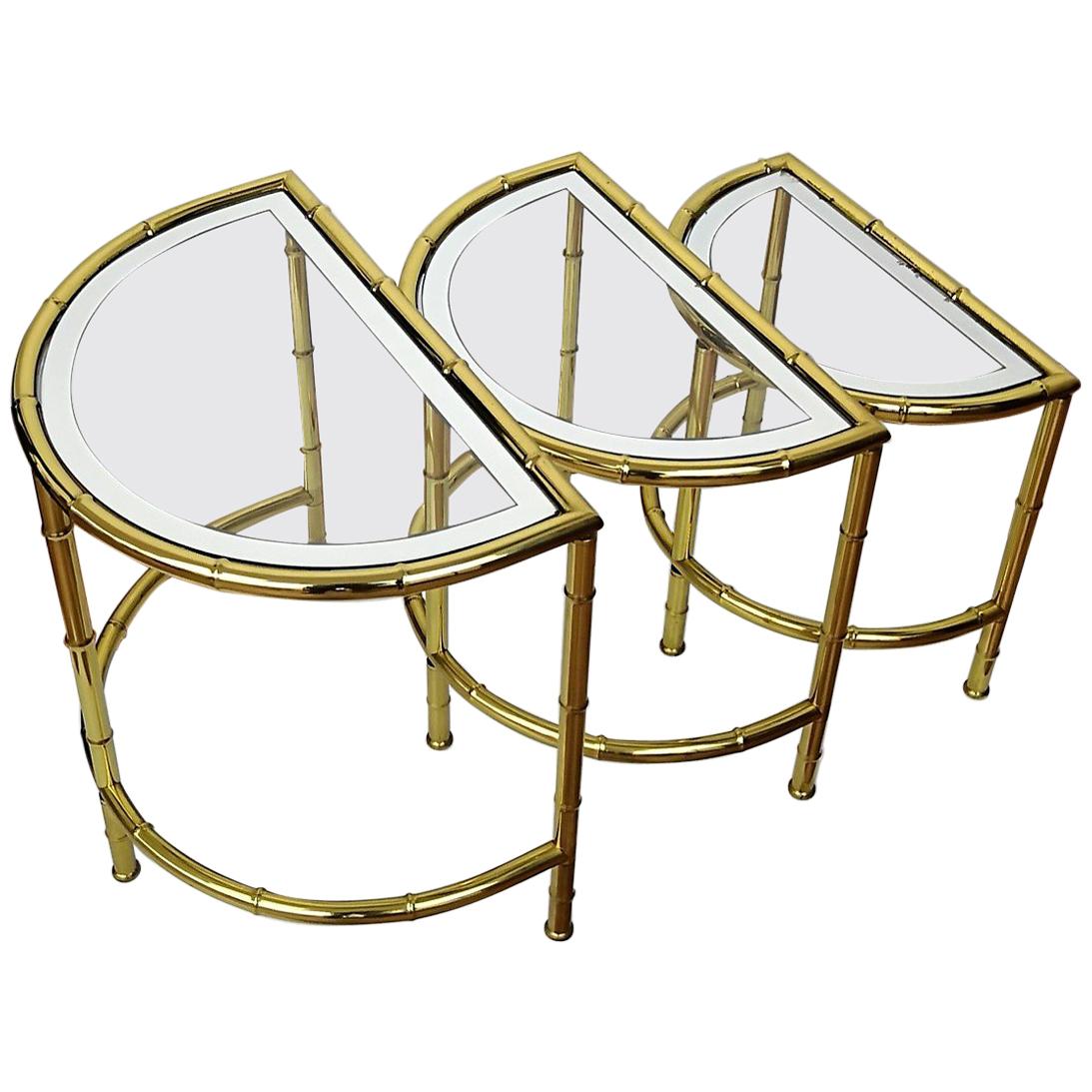 Brass and Mirror Glass Bamboo Hollywood Regency Nesting Round Coffee Tables