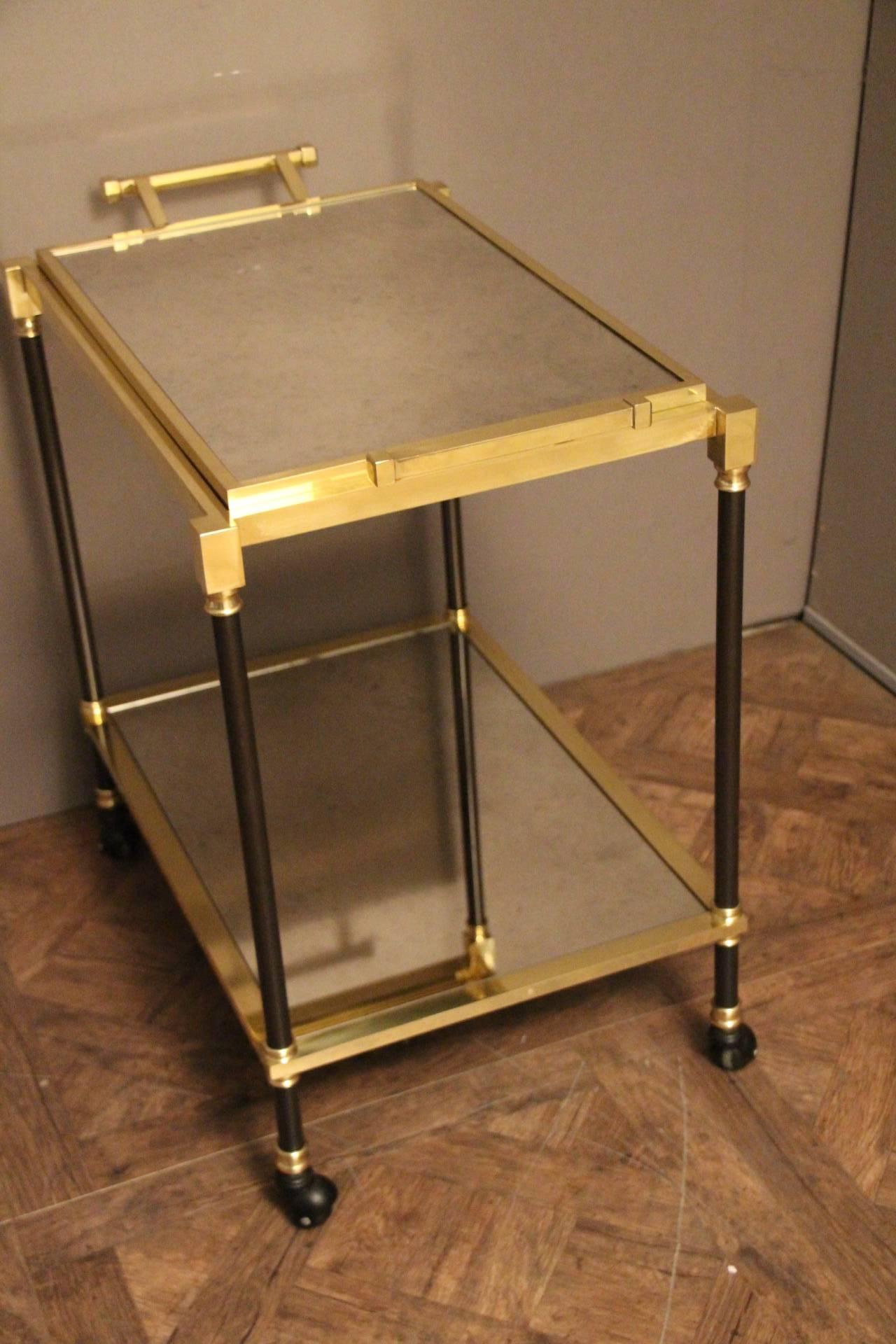Mid-20th Century Brass and Mirror Italian Serving Bar Cart with Removable Tray