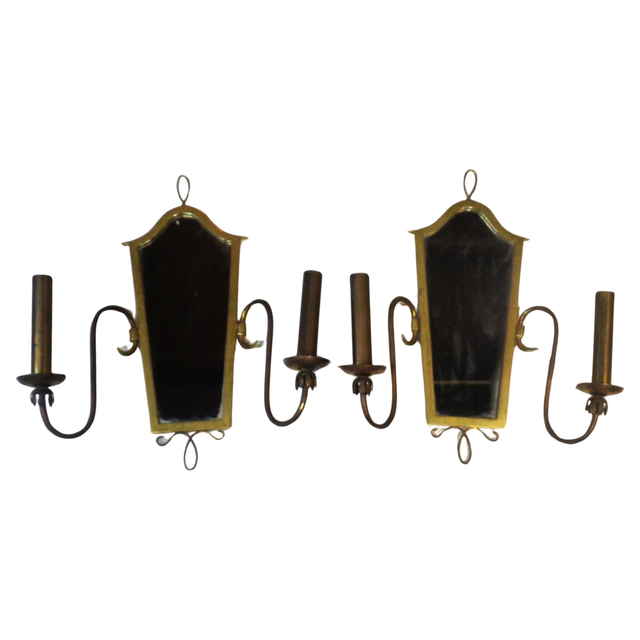 Metalwork Brass and Mirror Two Light Wall Sconces style of Gio Ponti