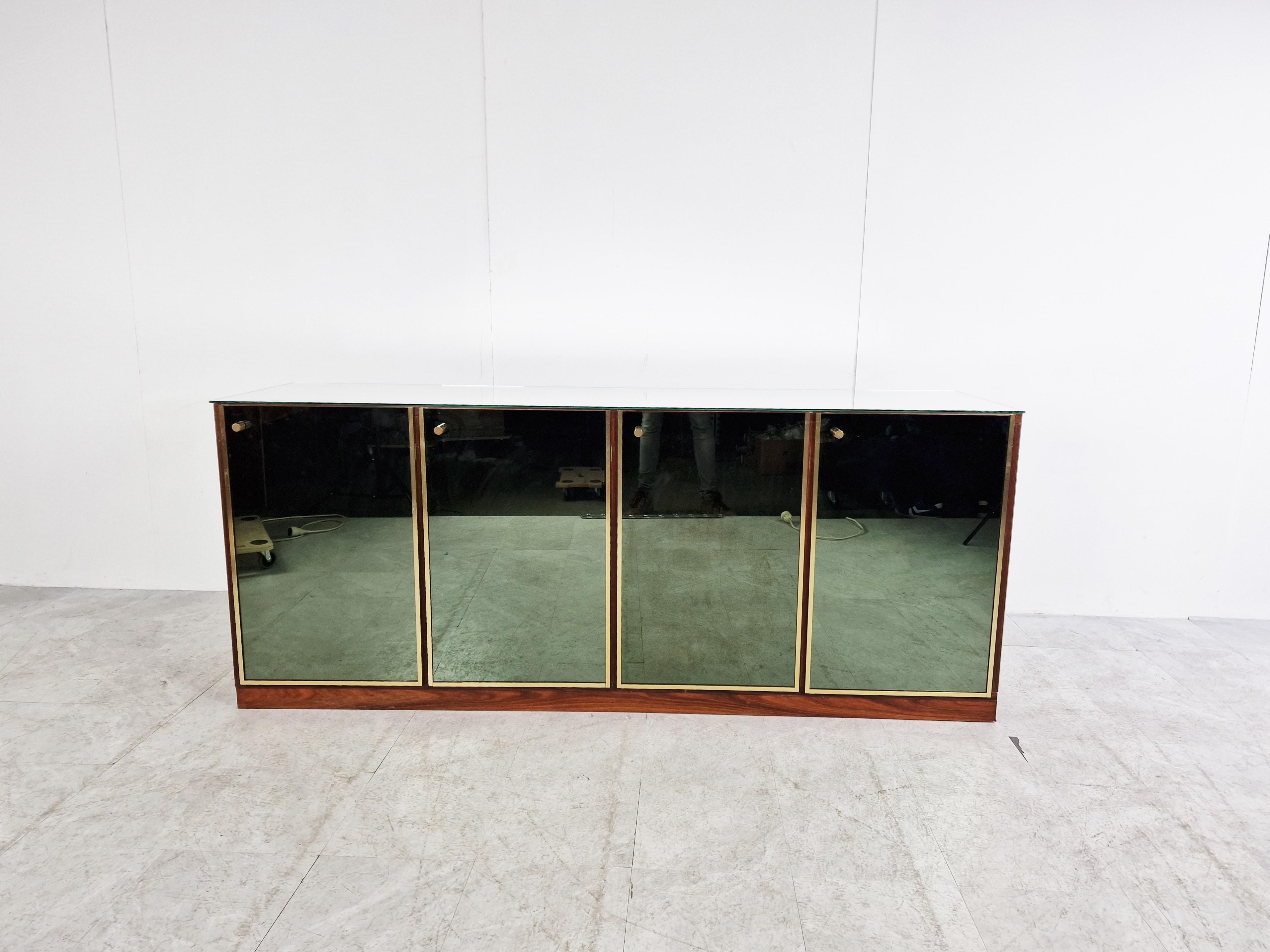 Hollywood Regency Brass and Mirrored Renato Zevi Sideboard, 1970s