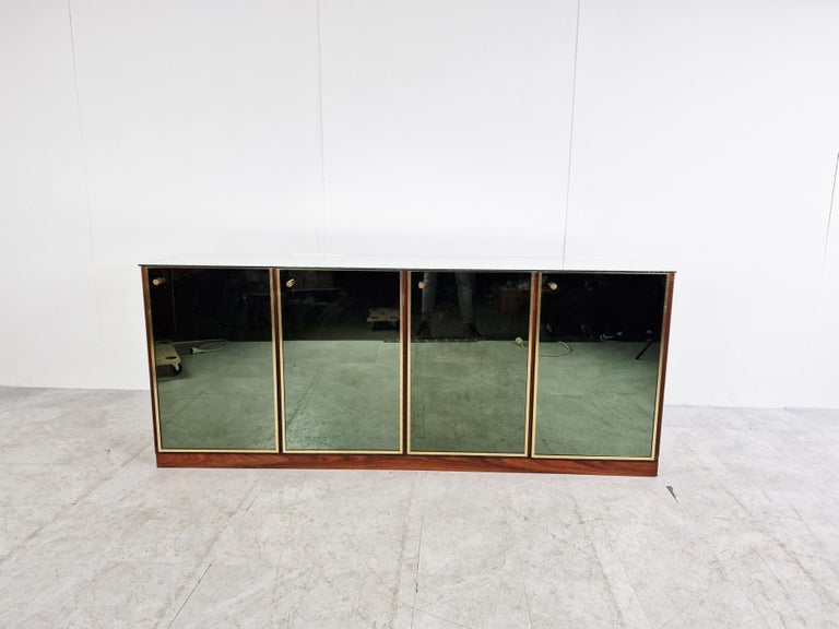 Hollywood Regency Brass and Mirrored Renato Zevi Sideboard, 1970s For Sale