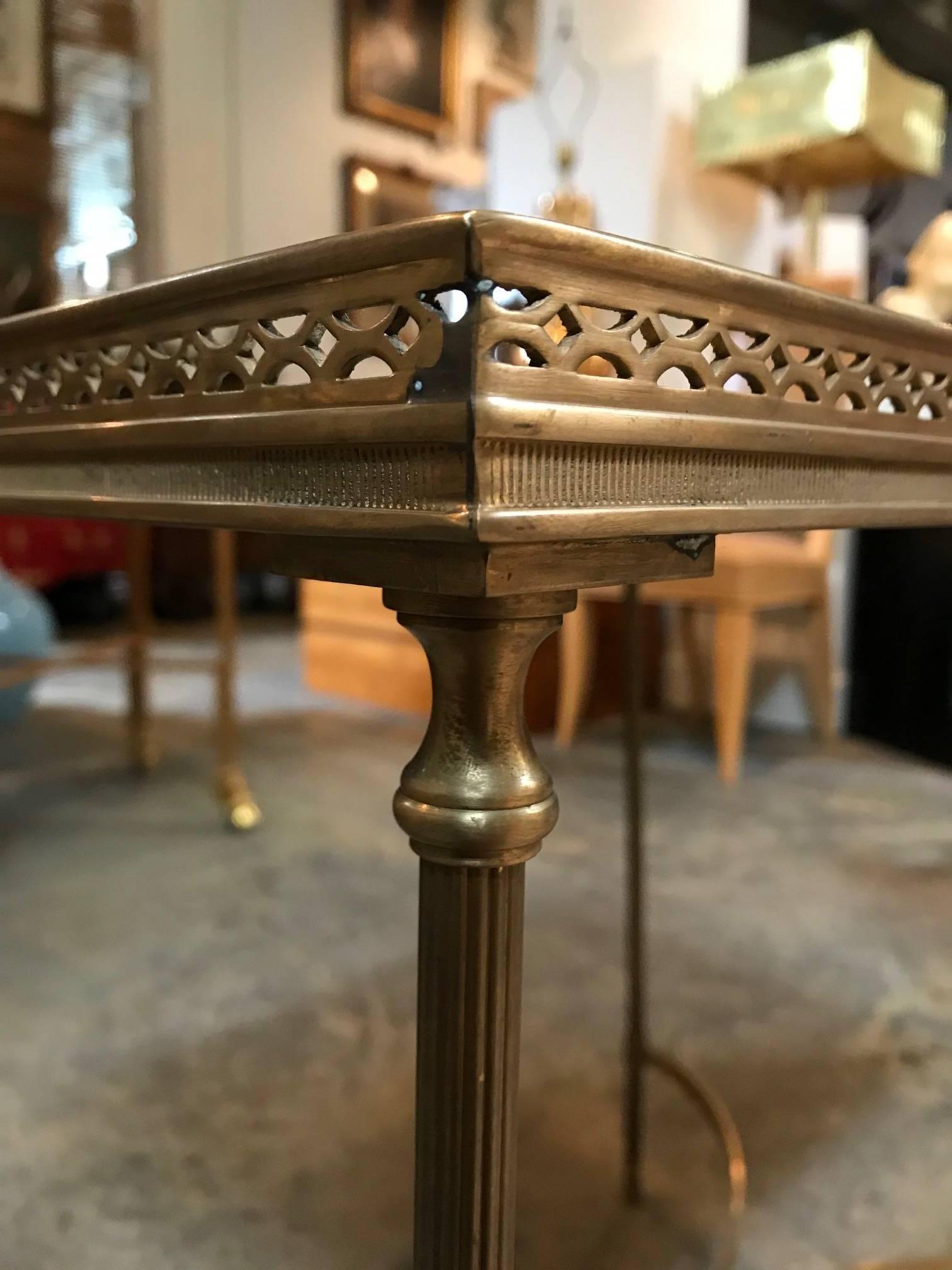 Brass and Mirrored Side Tables with Pierced Rail In Excellent Condition For Sale In Dallas, TX
