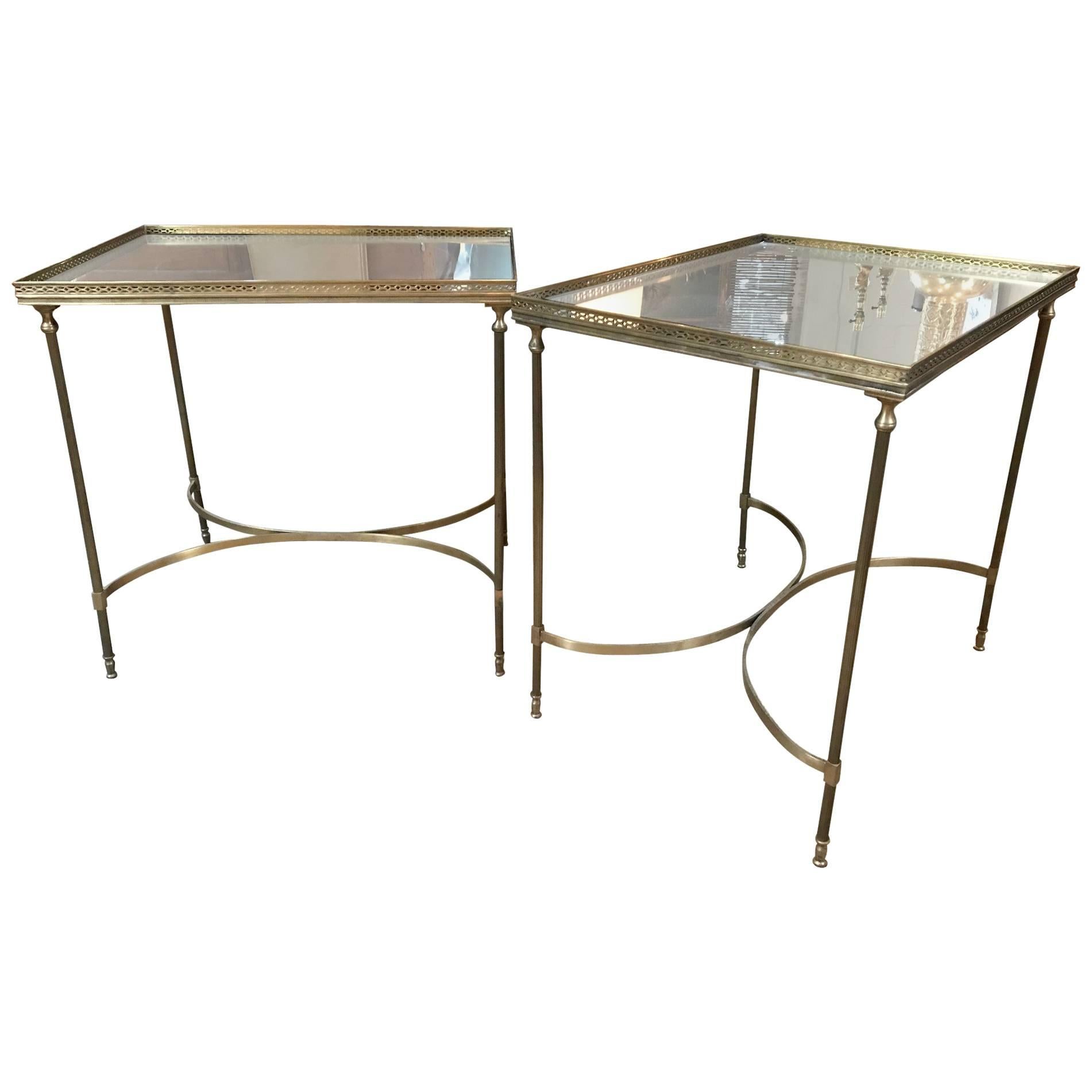 Brass and Mirrored Side Tables with Pierced Rail For Sale