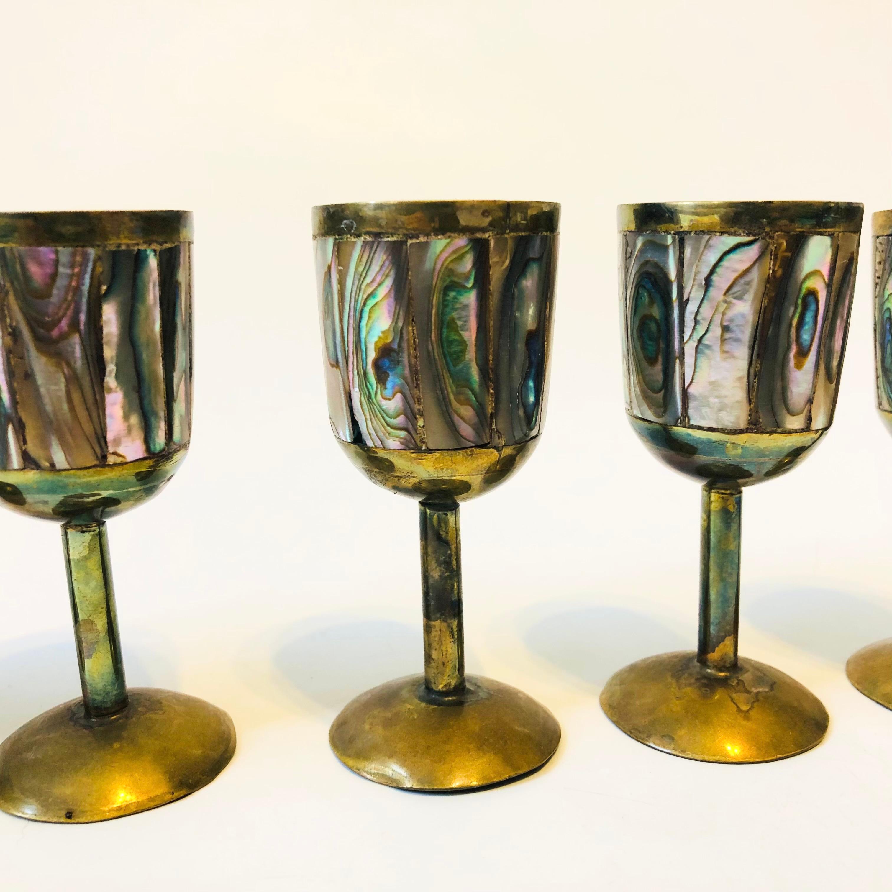 Organic Modern Brass and Mother of Pearl Cordials - Set of 6 For Sale