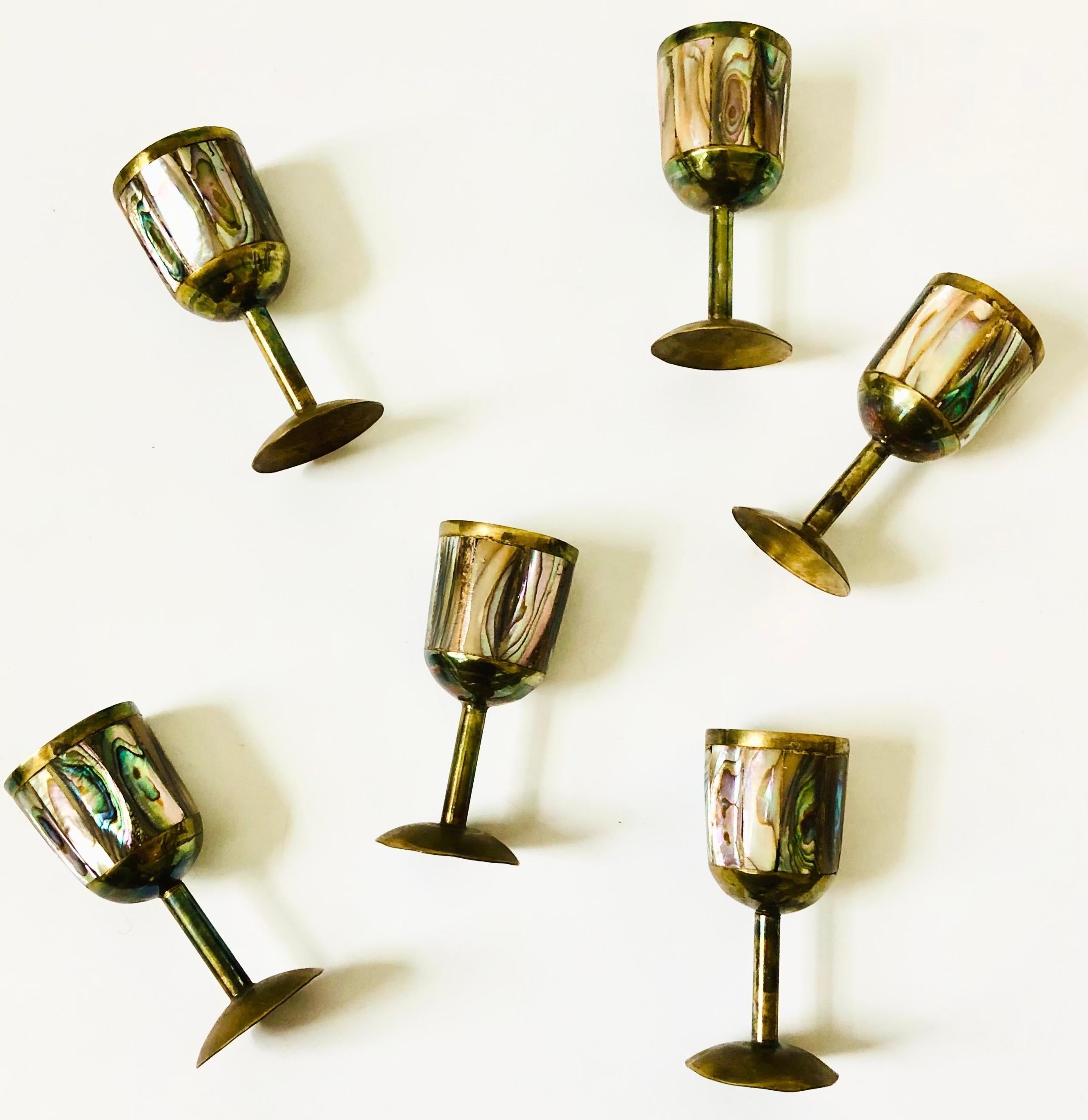 Brass and Mother of Pearl Cordials - Set of 6 For Sale 3