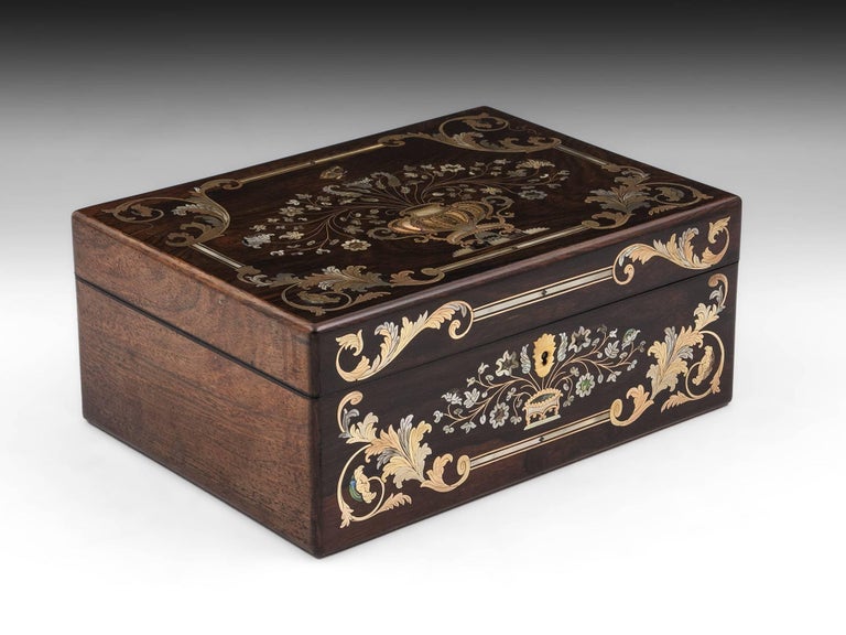 Brass and Motherofpearl Inlaid Antique Sewing Box, 19th Century at