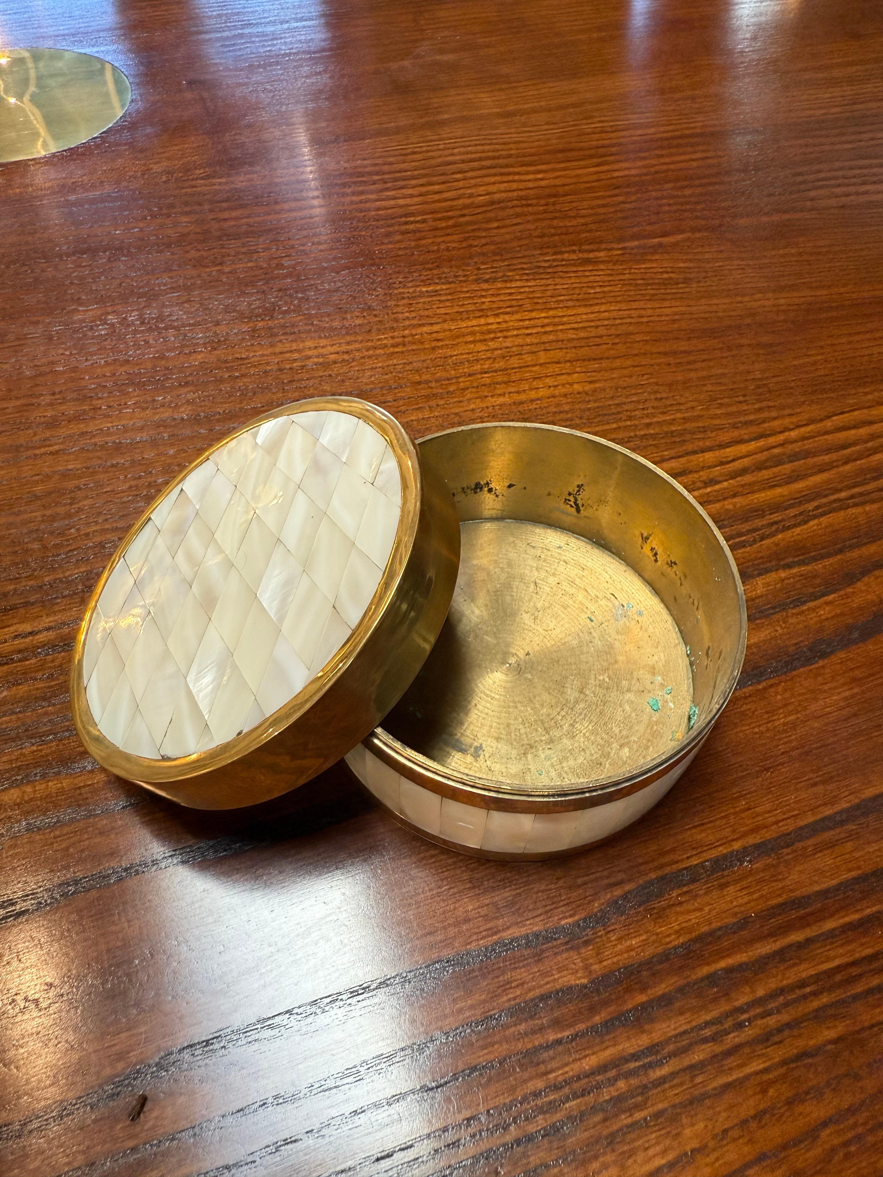 Modern Brass and Mother-of-Pearl Inlay Round Box For Sale