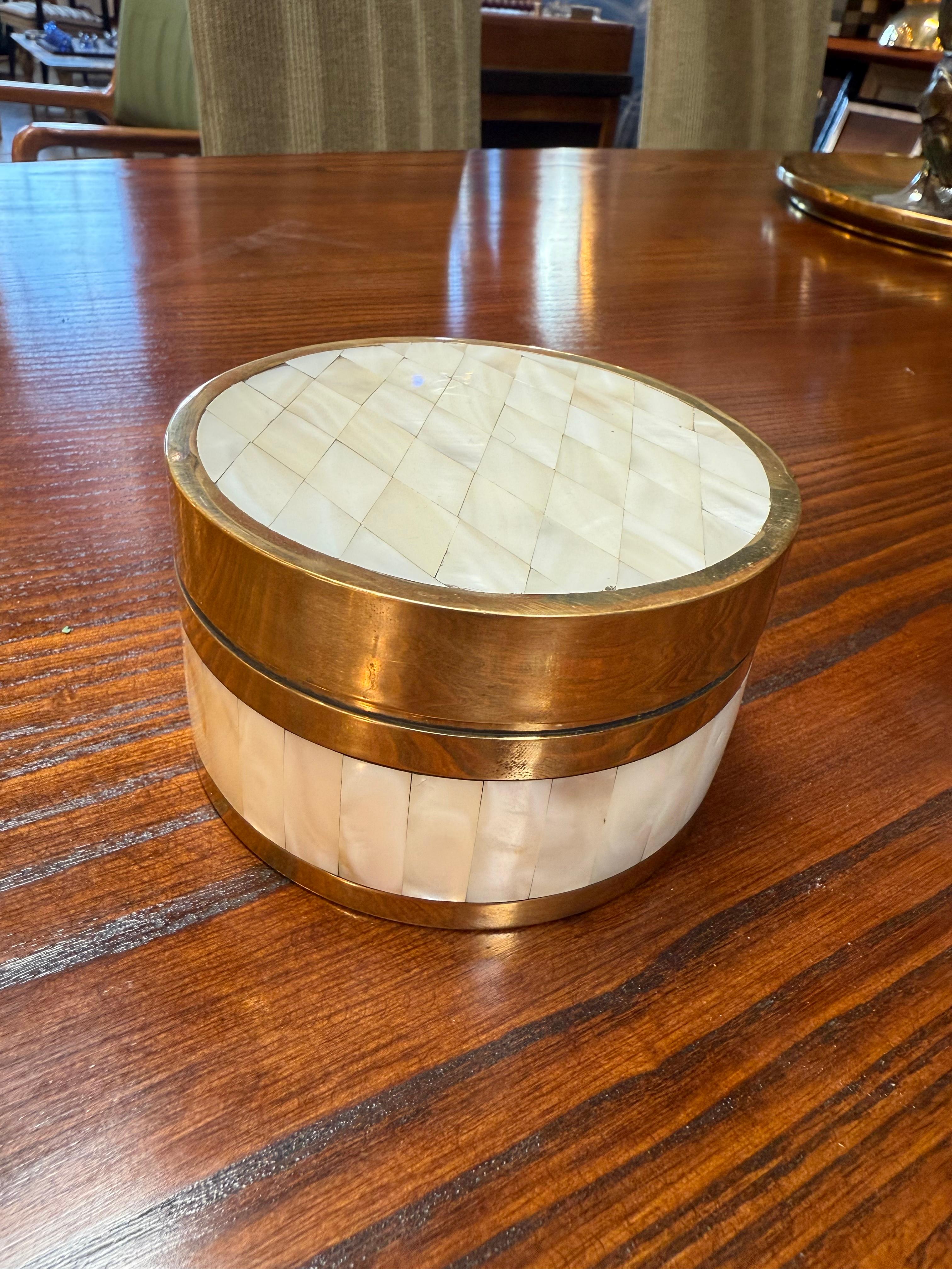 Italian Brass and Mother-of-Pearl Inlay Round Box For Sale