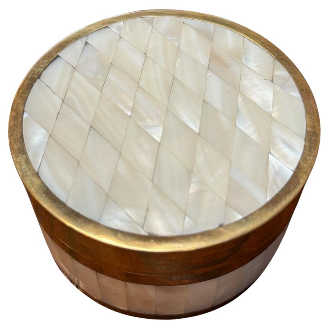 Brass and Mother-of-Pearl Inlay Round Box For Sale