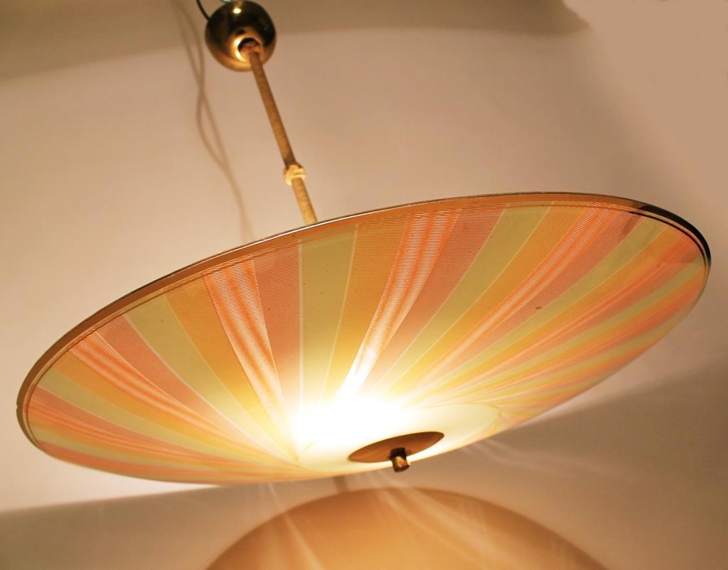 Mid-Century Modern  Brass and Multicolored Glass Italian Pendant Light /Chandelier 1950