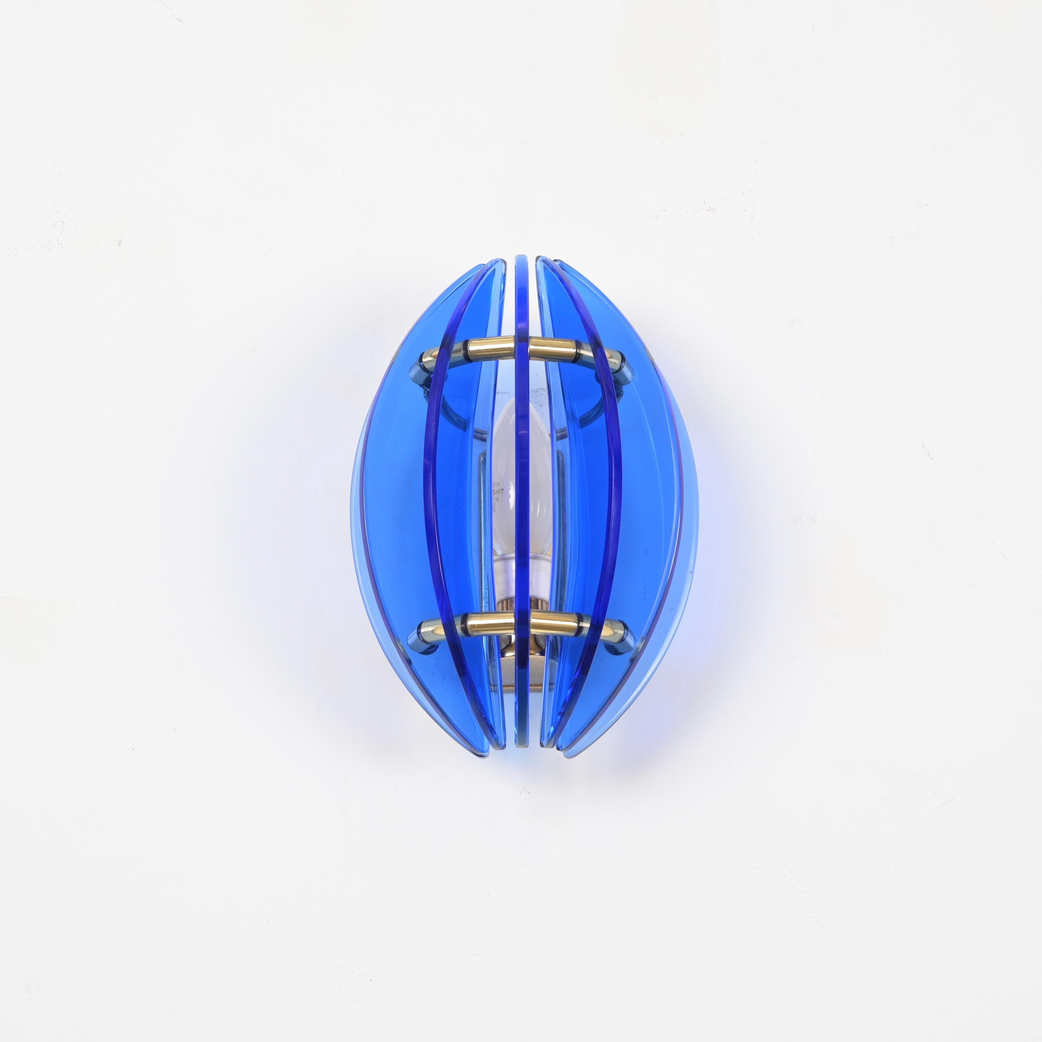 Mid-Century Modern Brass and Murano Blue Glass Wall Sconce by Galvorame, Italy Lighting, 1970s For Sale