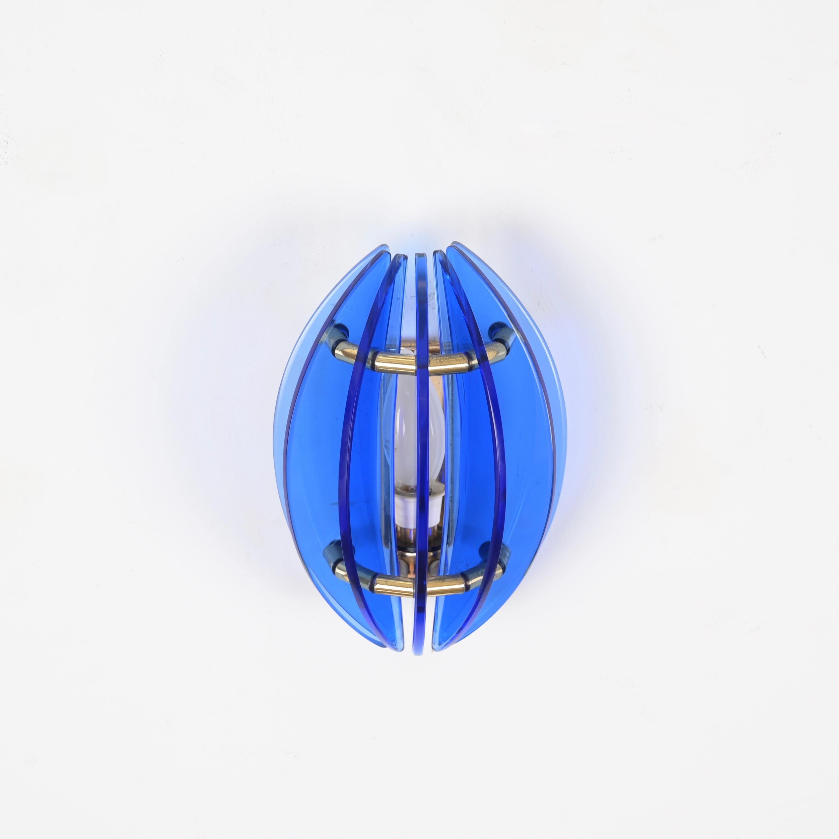 Italian Brass and Murano Blue Glass Wall Sconce by Galvorame, Italy Lighting, 1970s For Sale