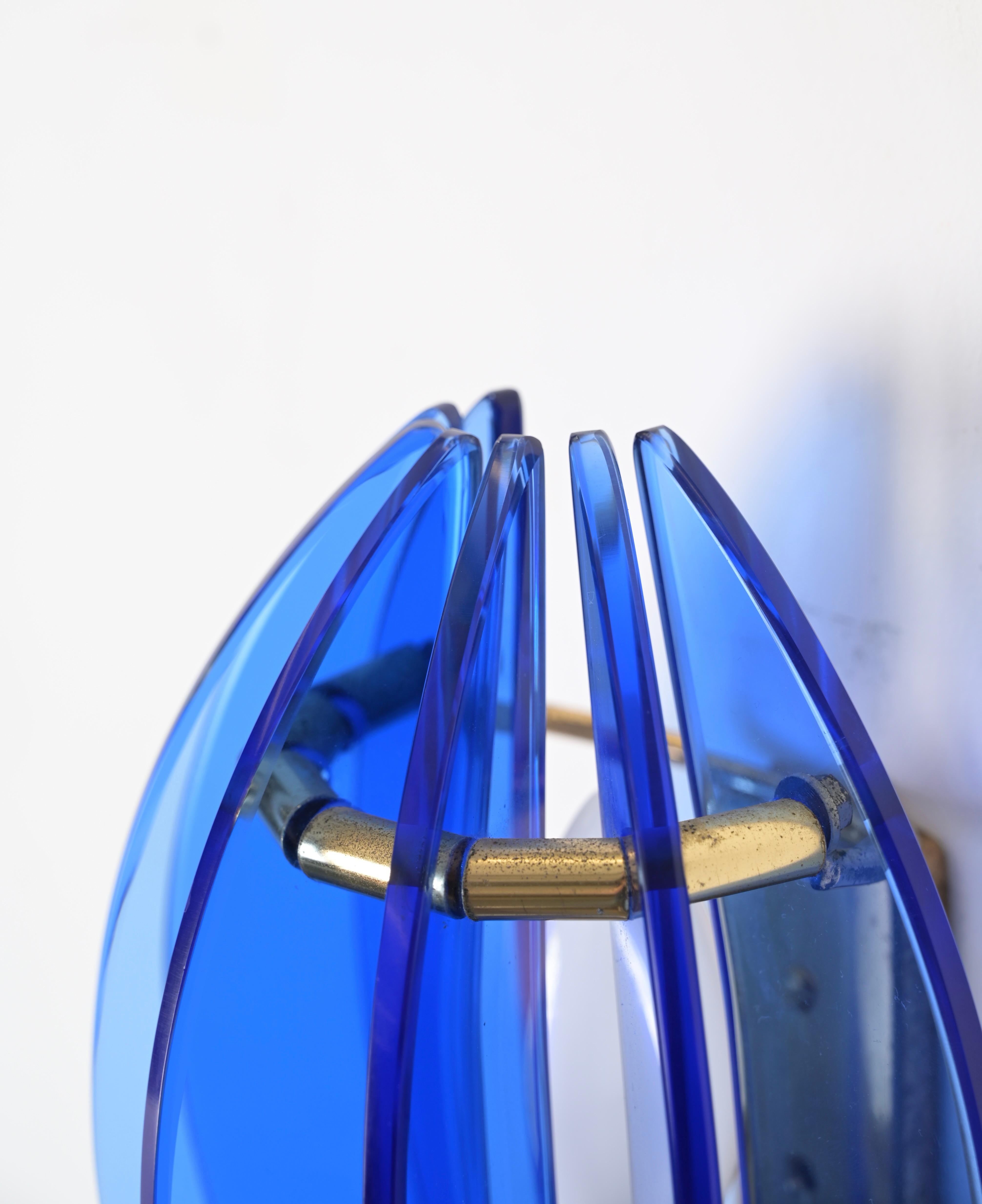 20th Century Brass and Murano Blue Glass Wall Sconce by Galvorame, Italy Lighting, 1970s For Sale