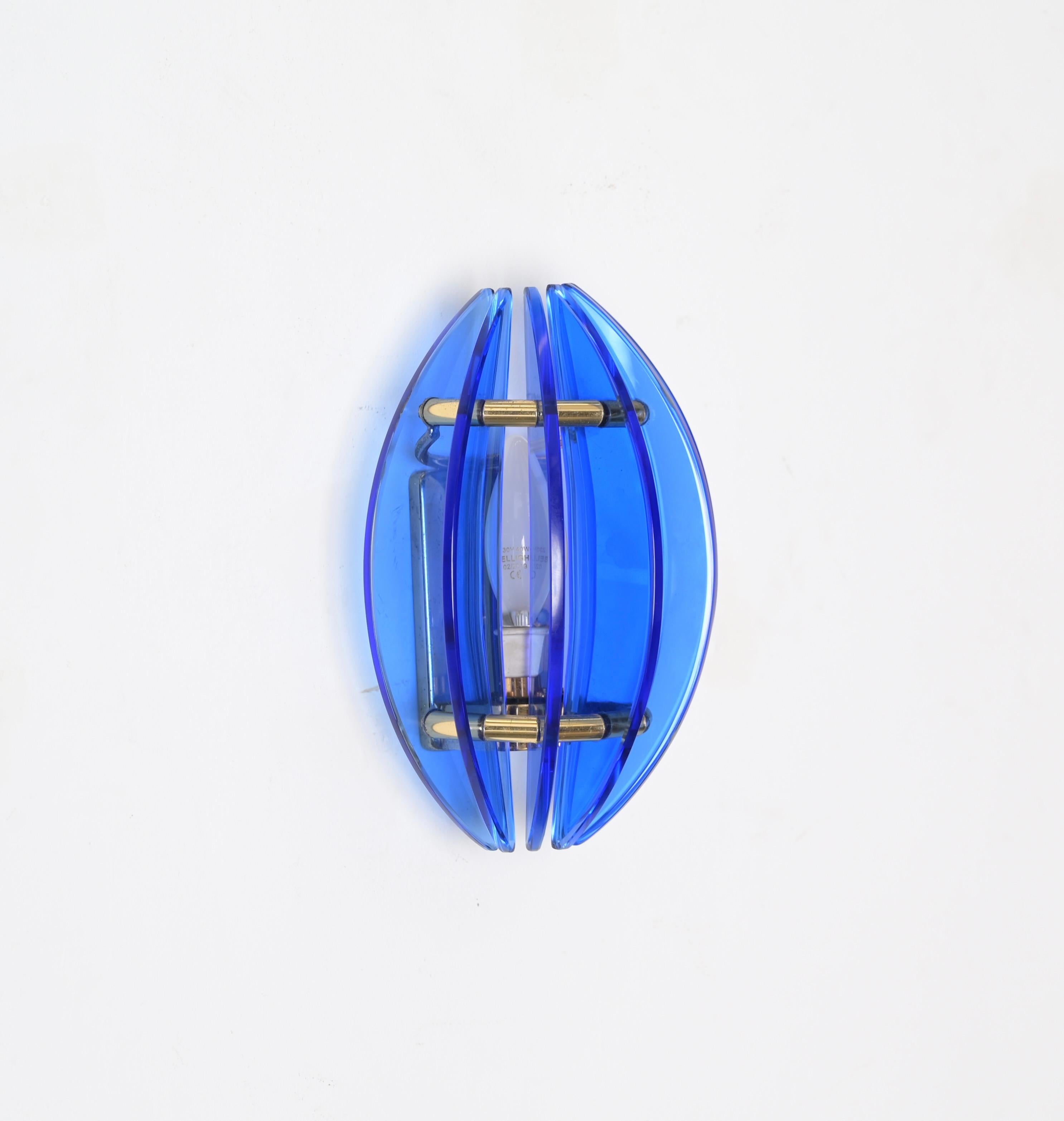 Brass and Murano Blue Glass Wall Sconce by Galvorame, Italy Lighting, 1970s For Sale 1