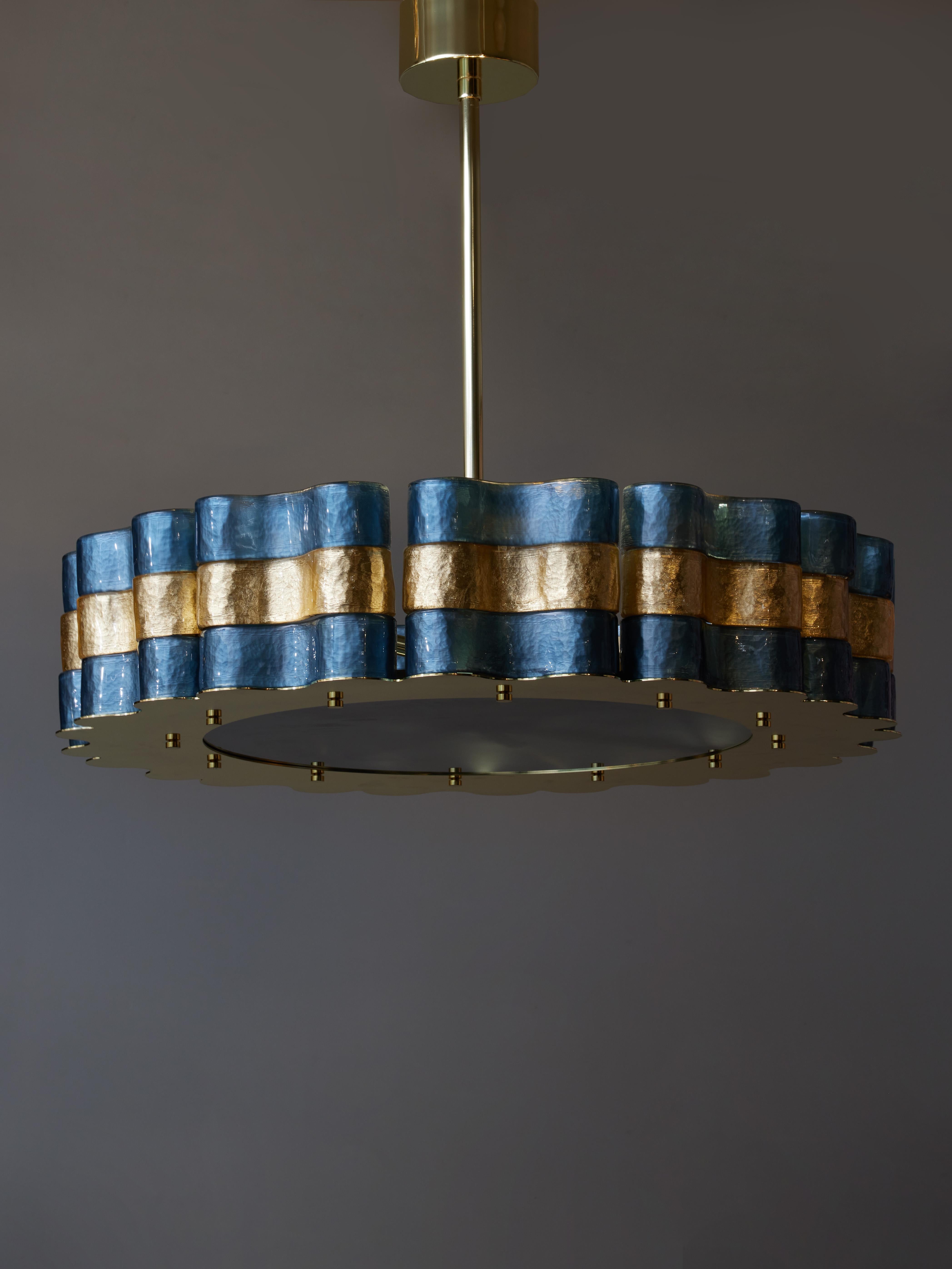 Modern Brass and Murano Glass Blue and Gold Round Chandelier For Sale