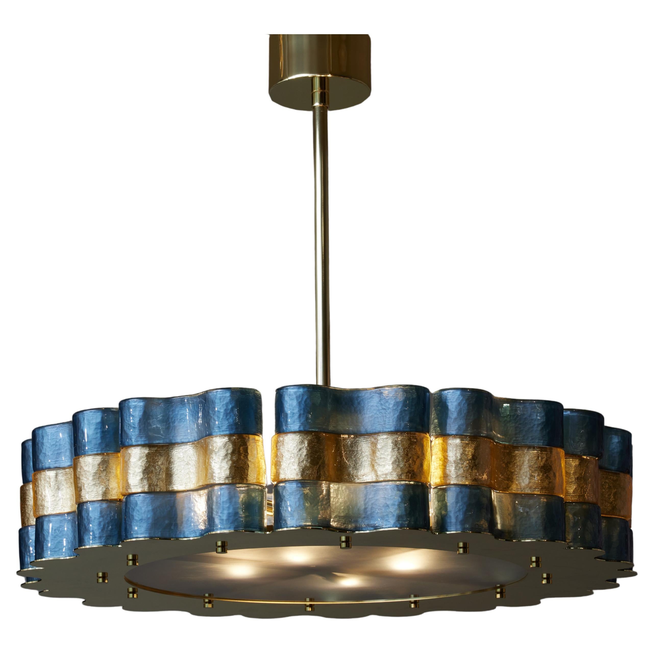 Brass and Murano Glass Blue and Gold Round Chandelier For Sale